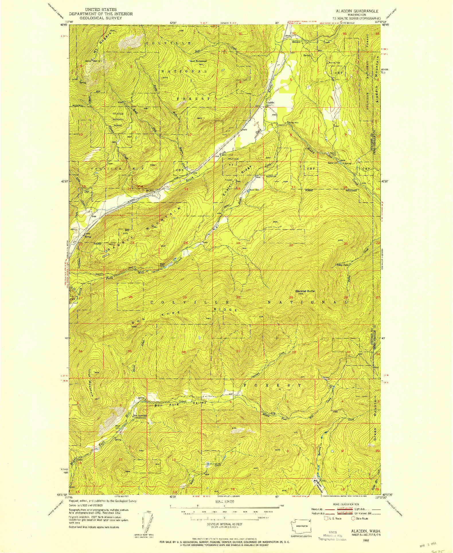 USGS 1:24000-SCALE QUADRANGLE FOR ALADDIN, WA 1952