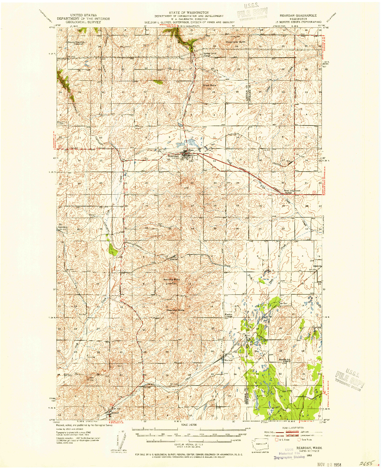 USGS 1:62500-SCALE QUADRANGLE FOR REARDAN, WA 1953