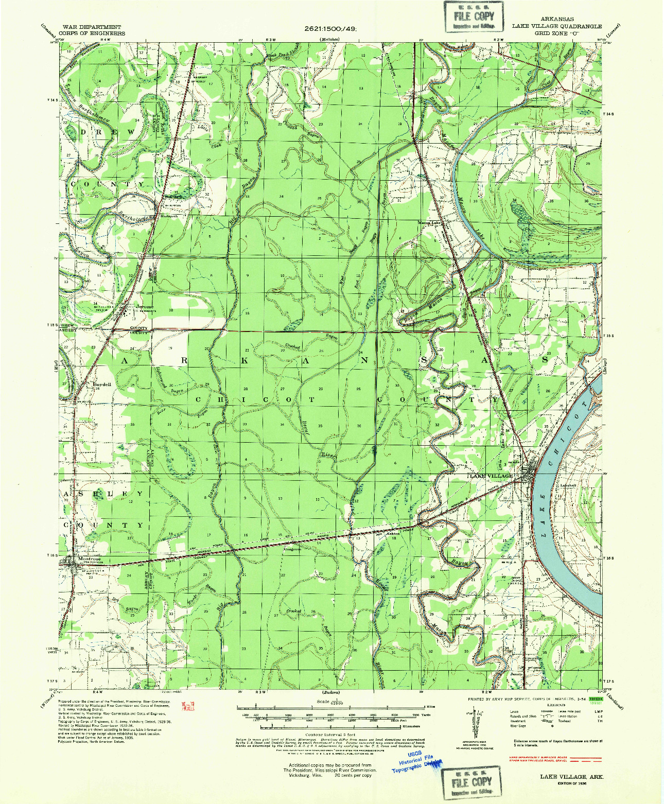 USGS 1:62500-SCALE QUADRANGLE FOR LAKE VILLAGE, AR 1936