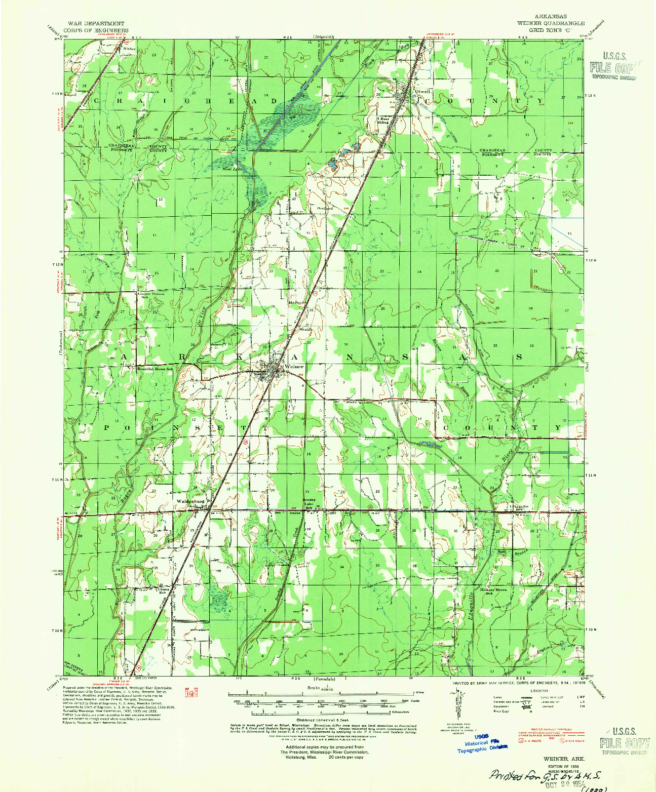 USGS 1:62500-SCALE QUADRANGLE FOR WEINER, AR 1939