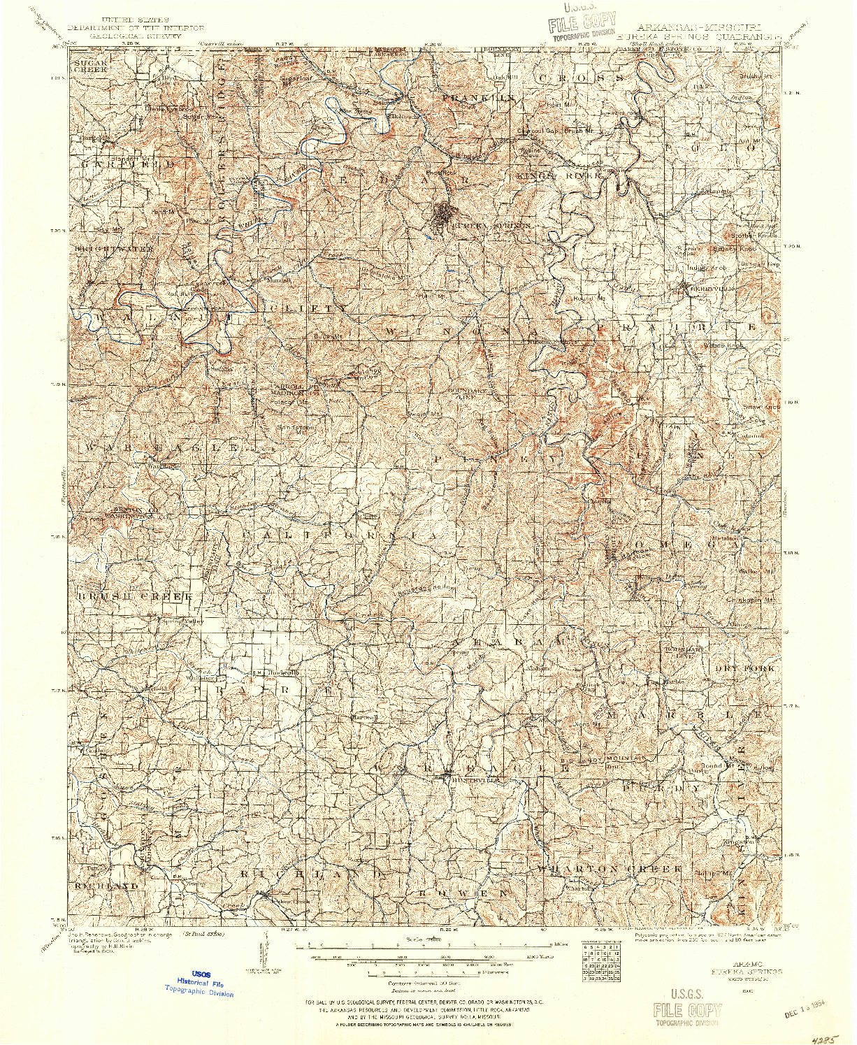 USGS 1:125000-SCALE QUADRANGLE FOR EUREKA SPRINGS, AR 1900