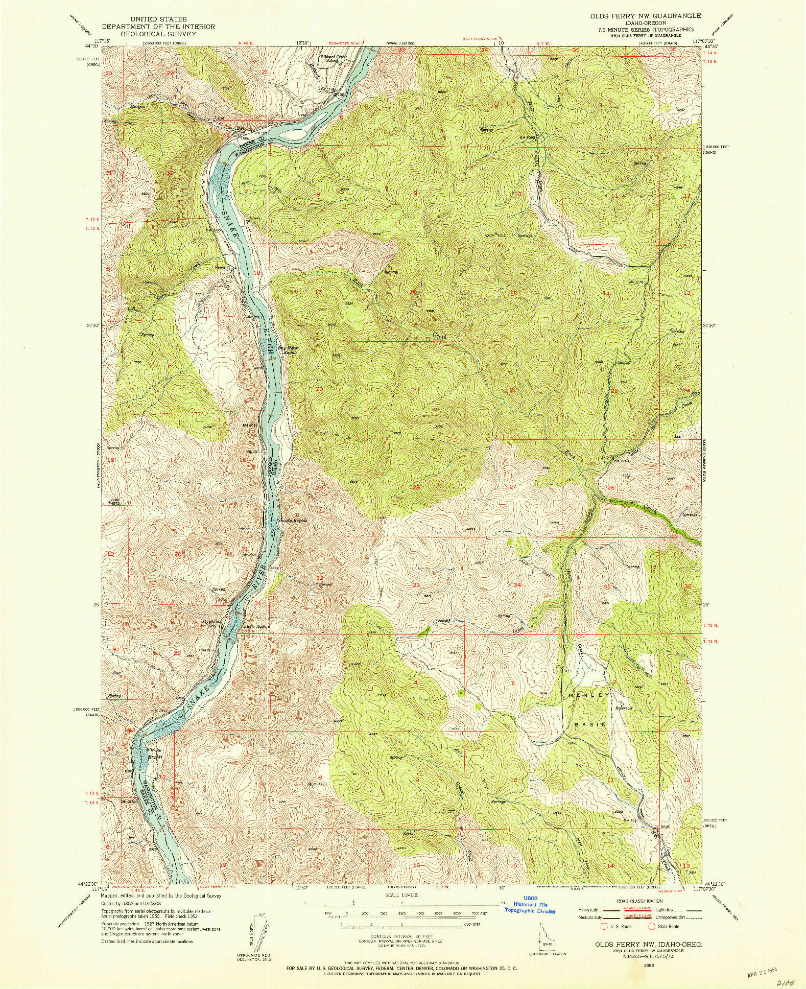 USGS 1:24000-SCALE QUADRANGLE FOR OLDS FERRY NW, ID 1952