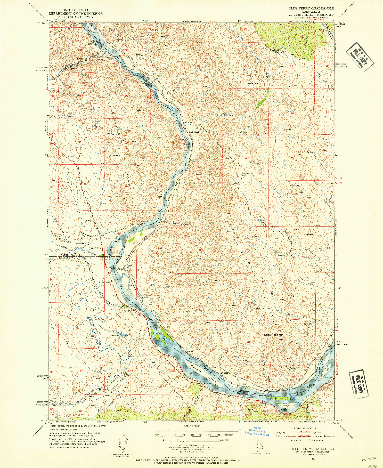 USGS 1:24000-SCALE QUADRANGLE FOR OLDS FERRY, ID 1952