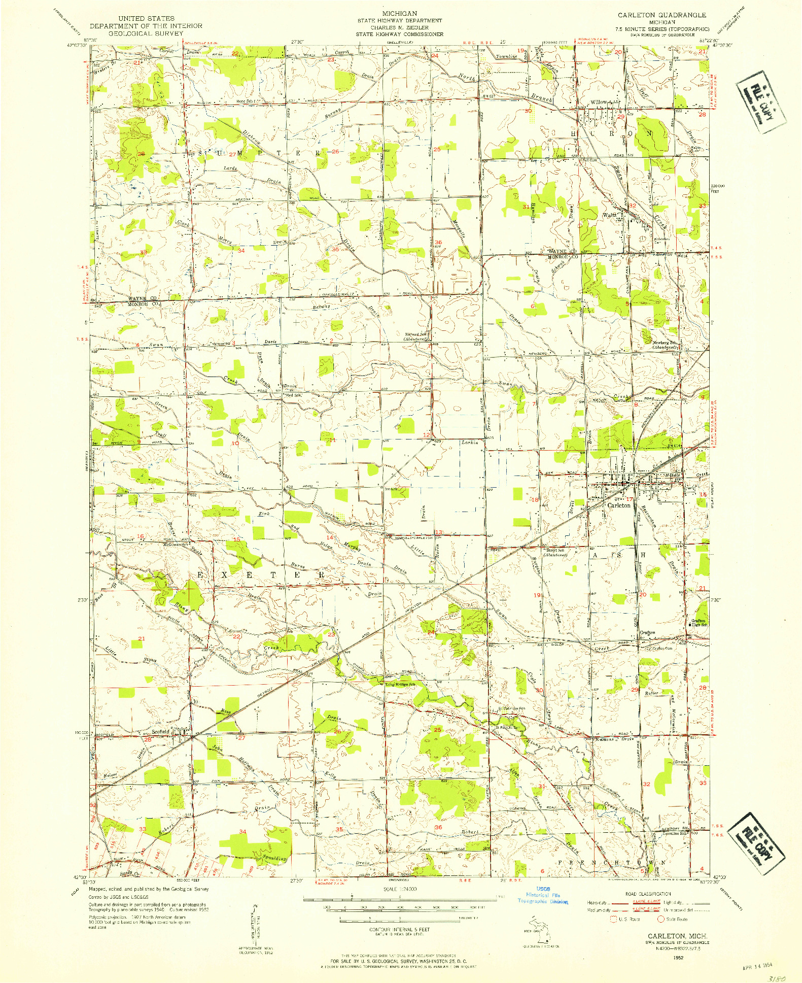 USGS 1:24000-SCALE QUADRANGLE FOR CARLETON, MI 1952