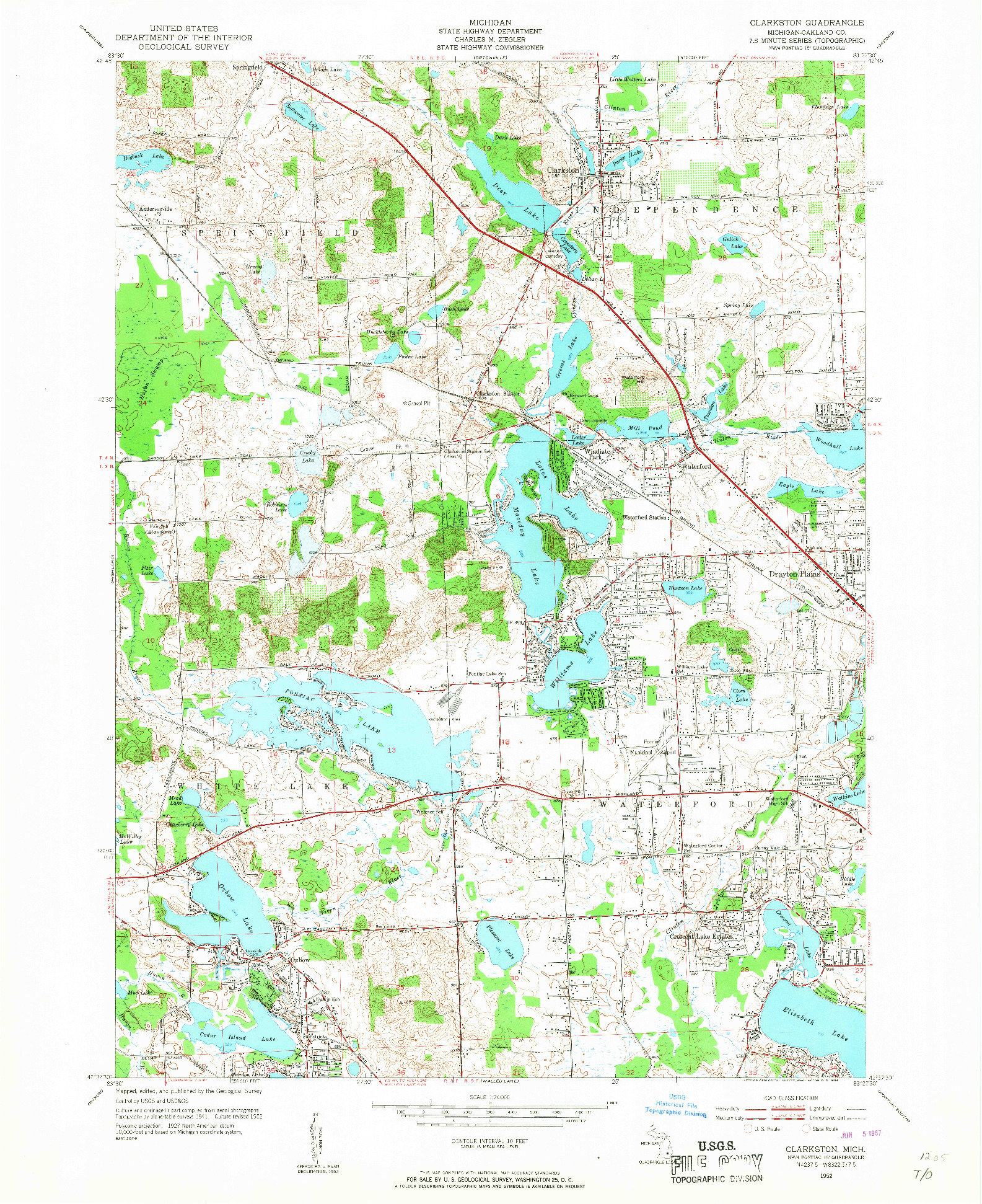 USGS 1:24000-SCALE QUADRANGLE FOR CLARKSTON, MI 1952