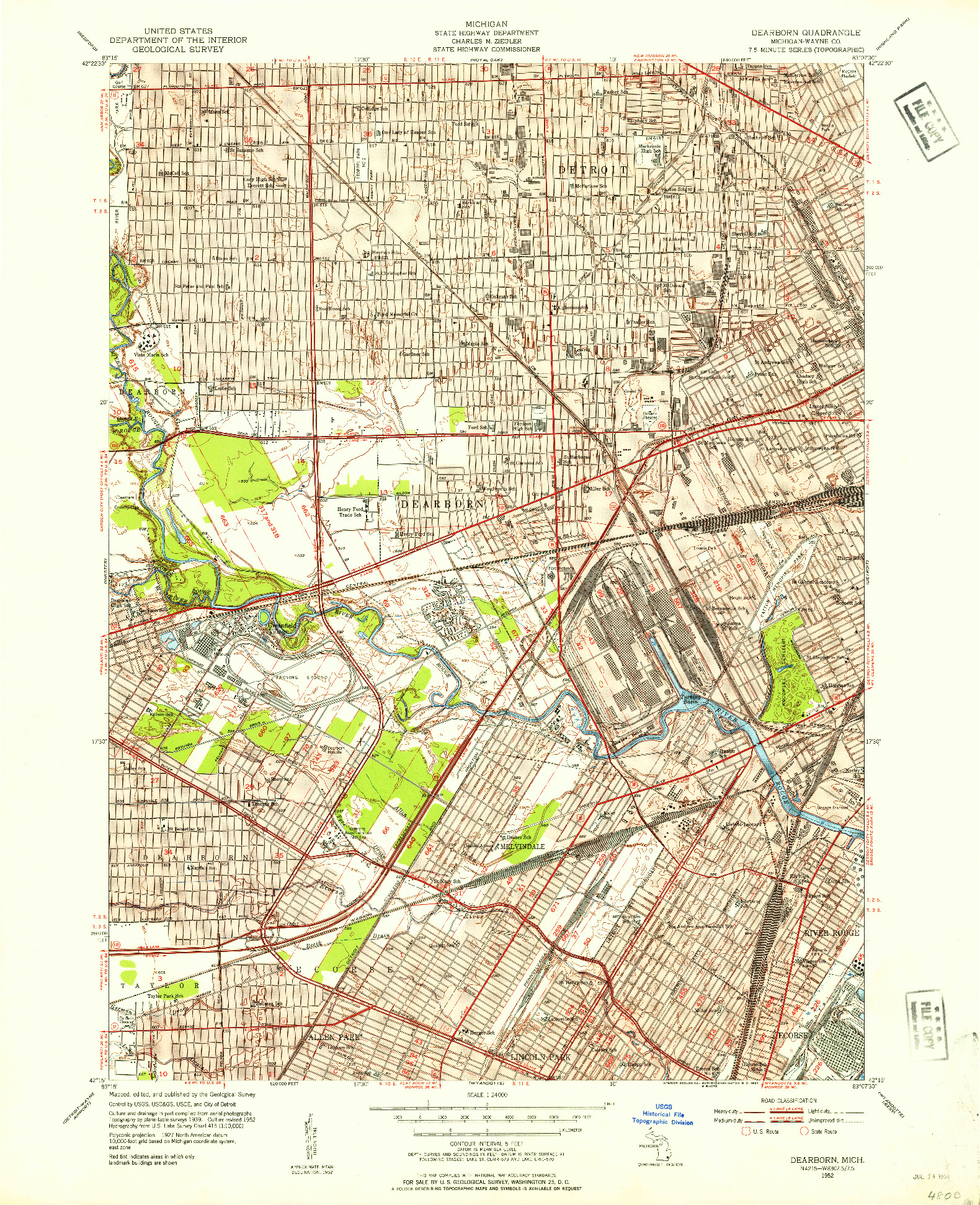 USGS 1:24000-SCALE QUADRANGLE FOR DEARBORN, MI 1952