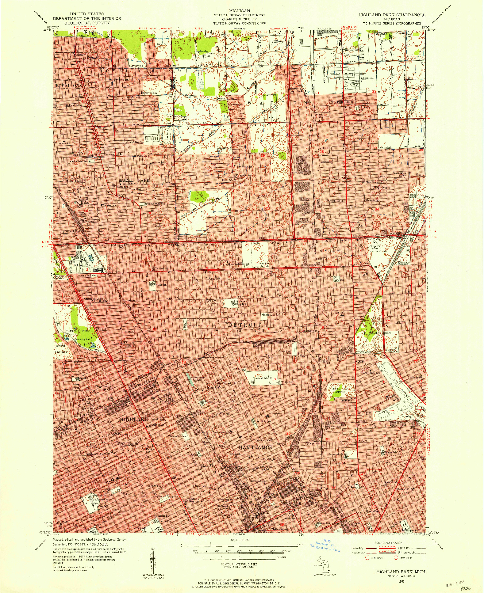 USGS 1:24000-SCALE QUADRANGLE FOR HIGHLAND PARK, MI 1952