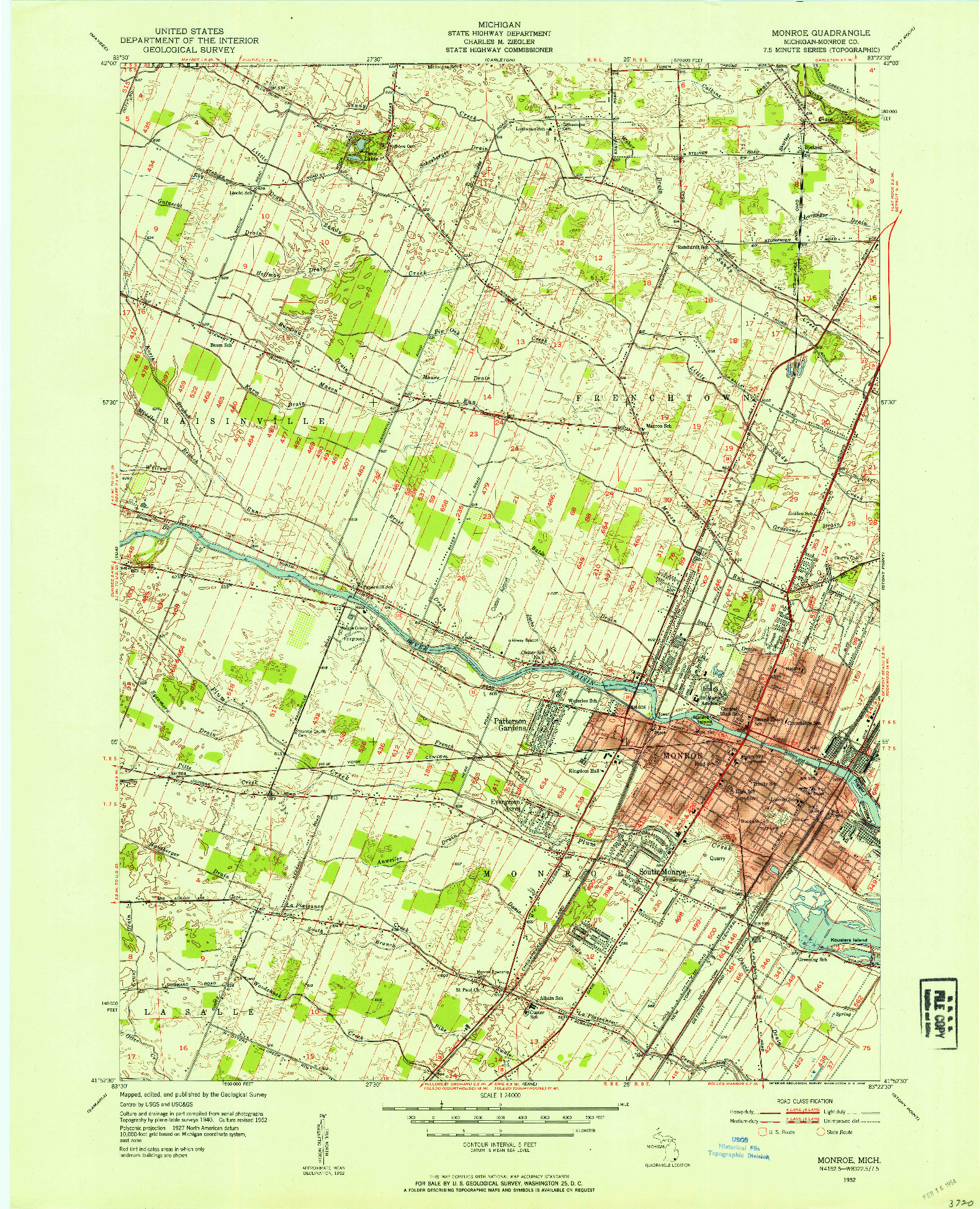 USGS 1:24000-SCALE QUADRANGLE FOR MONROE, MI 1952