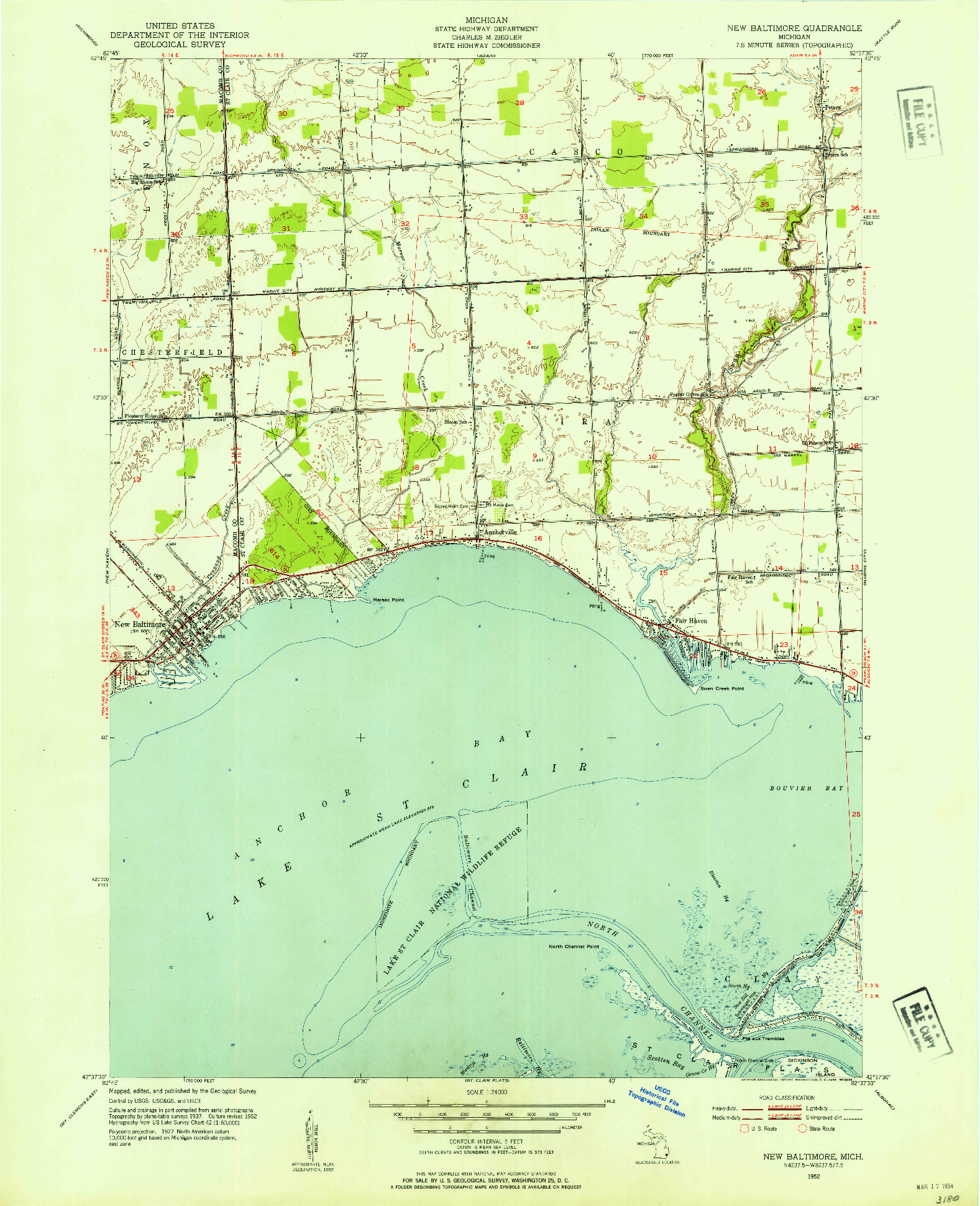 USGS 1:24000-SCALE QUADRANGLE FOR NEW BALTIMORE, MI 1952