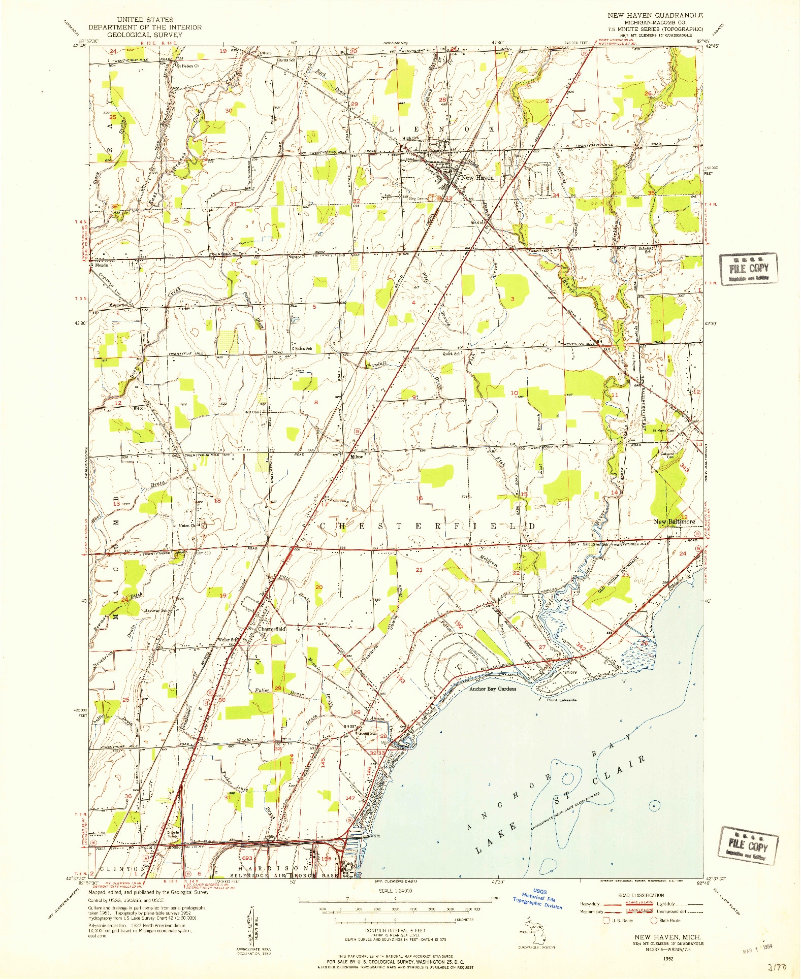 USGS 1:24000-SCALE QUADRANGLE FOR NEW HAVEN, MI 1952