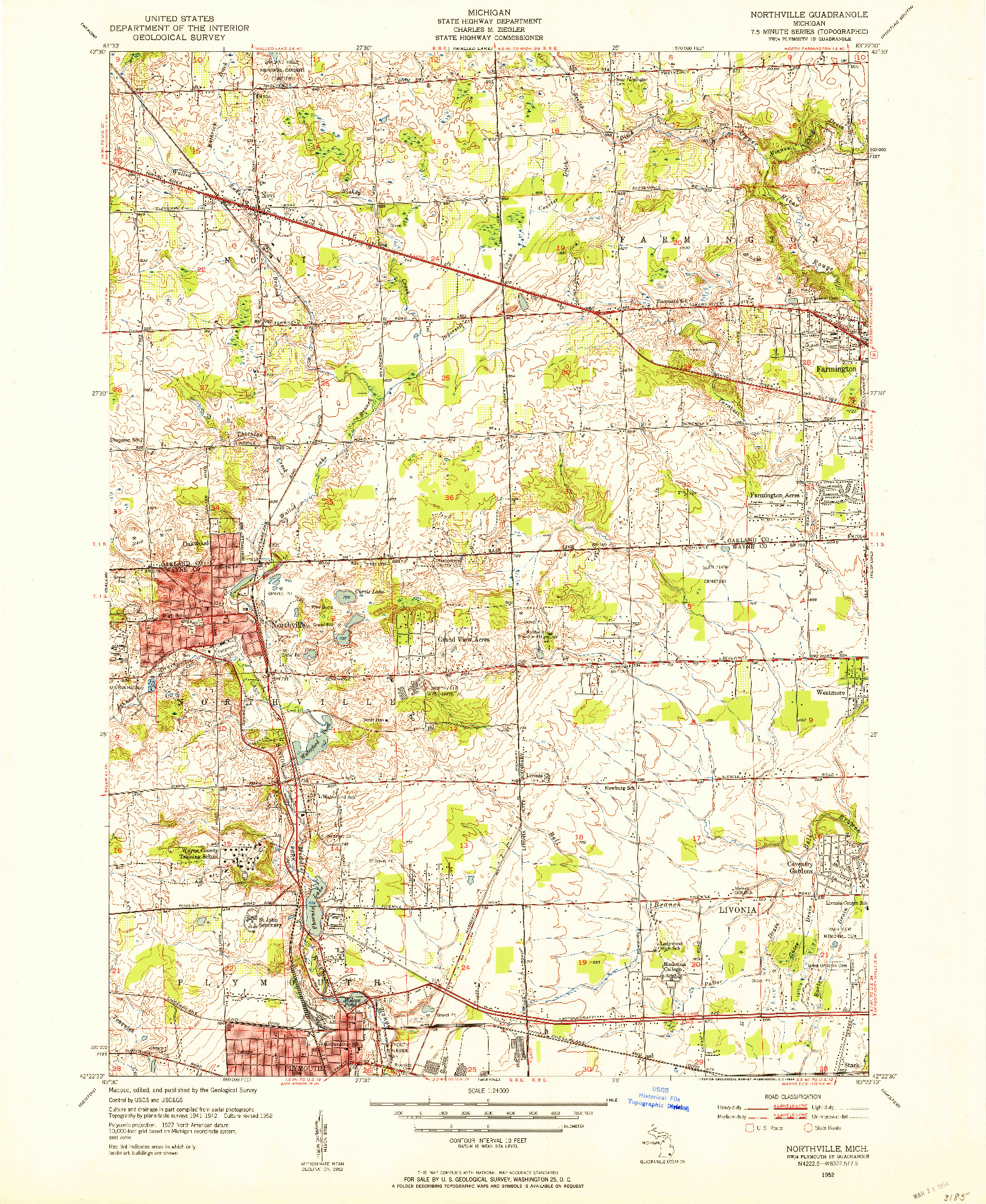 USGS 1:24000-SCALE QUADRANGLE FOR NORTHVILLE, MI 1952