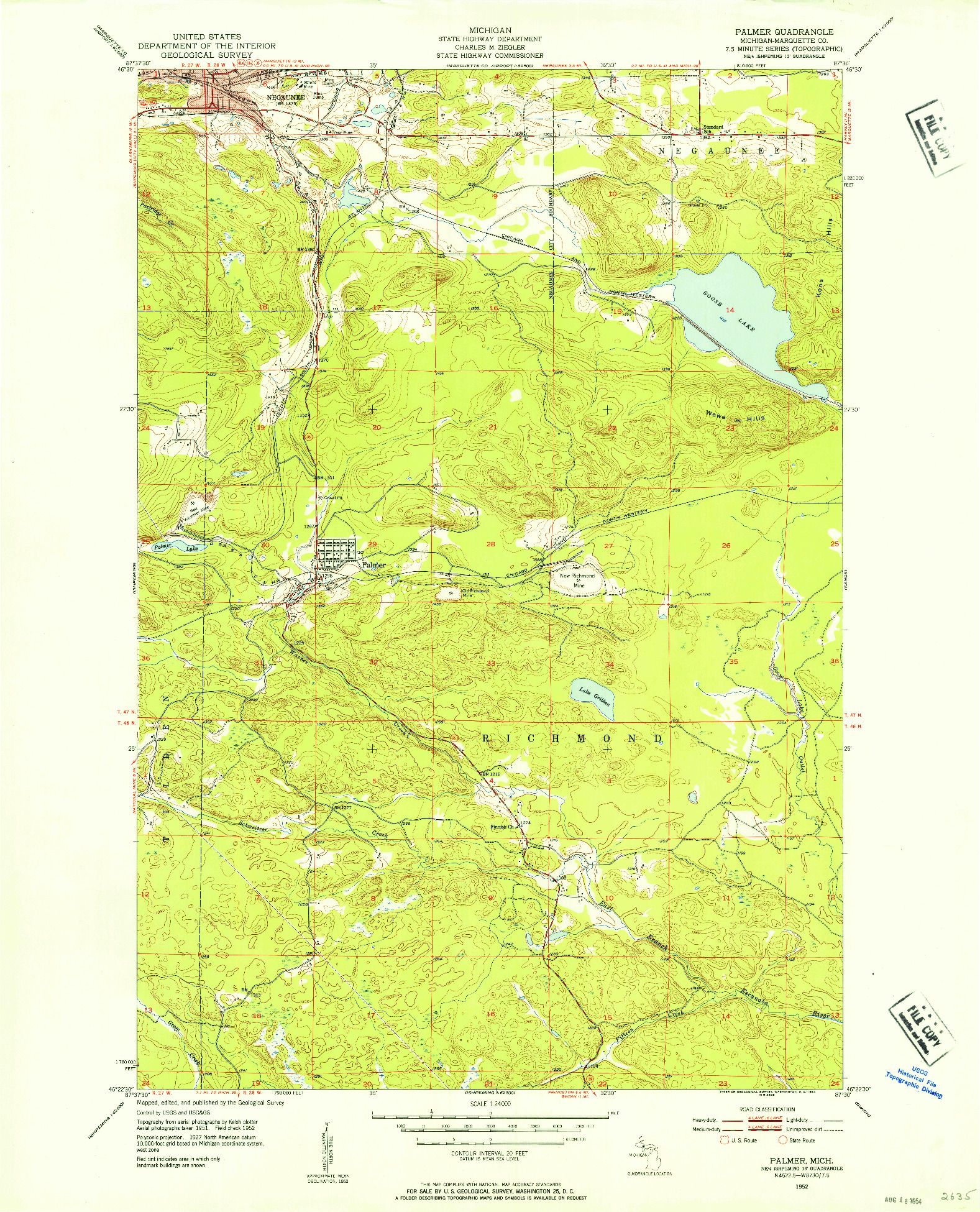 USGS 1:24000-SCALE QUADRANGLE FOR PALMER, MI 1952