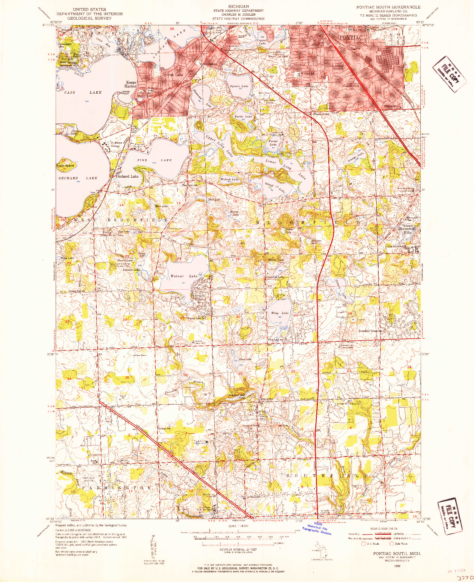 USGS 1:24000-SCALE QUADRANGLE FOR PONTIAC SOUTH, MI 1952