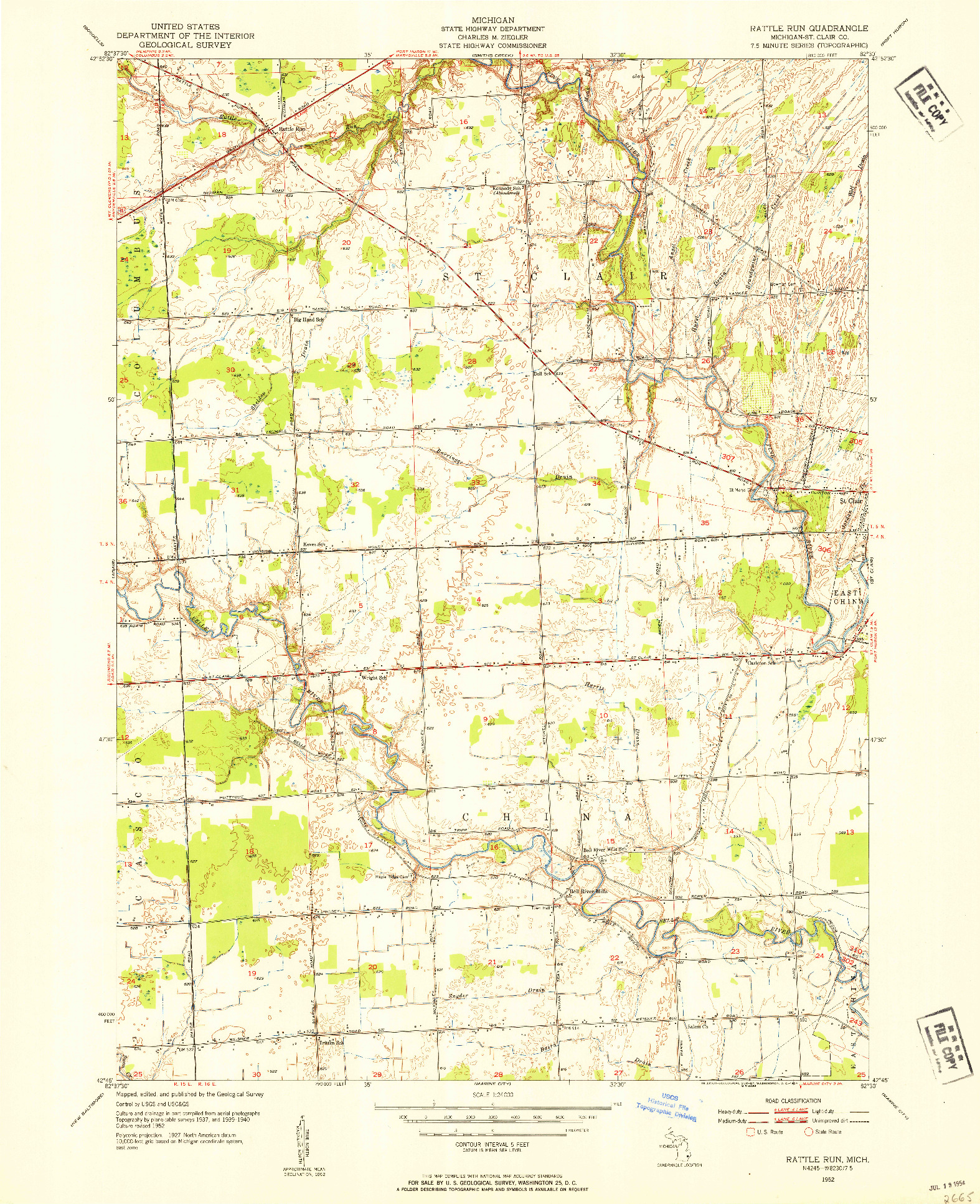 USGS 1:24000-SCALE QUADRANGLE FOR RATTLE RUN, MI 1952