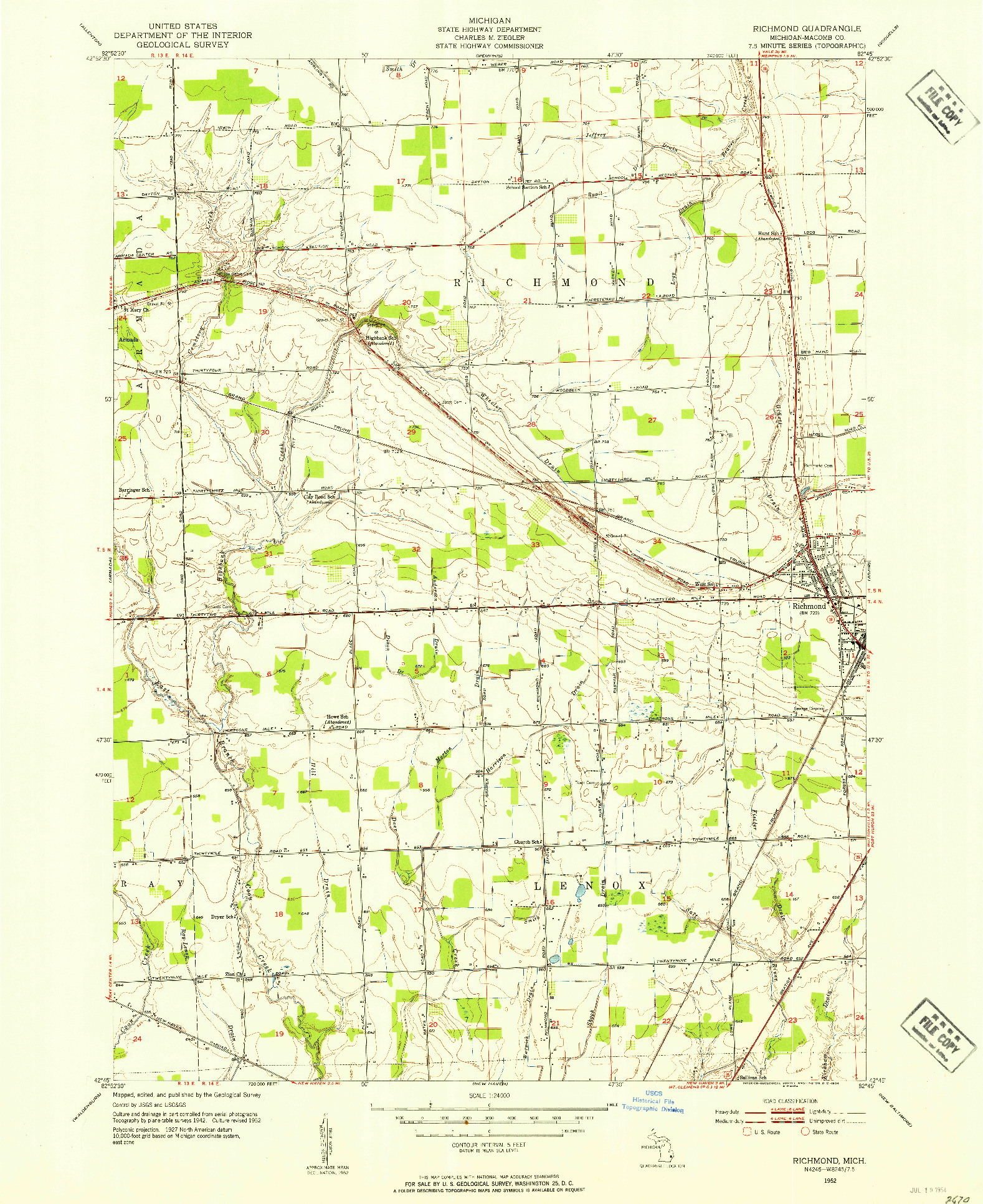 USGS 1:24000-SCALE QUADRANGLE FOR RICHMOND, MI 1952