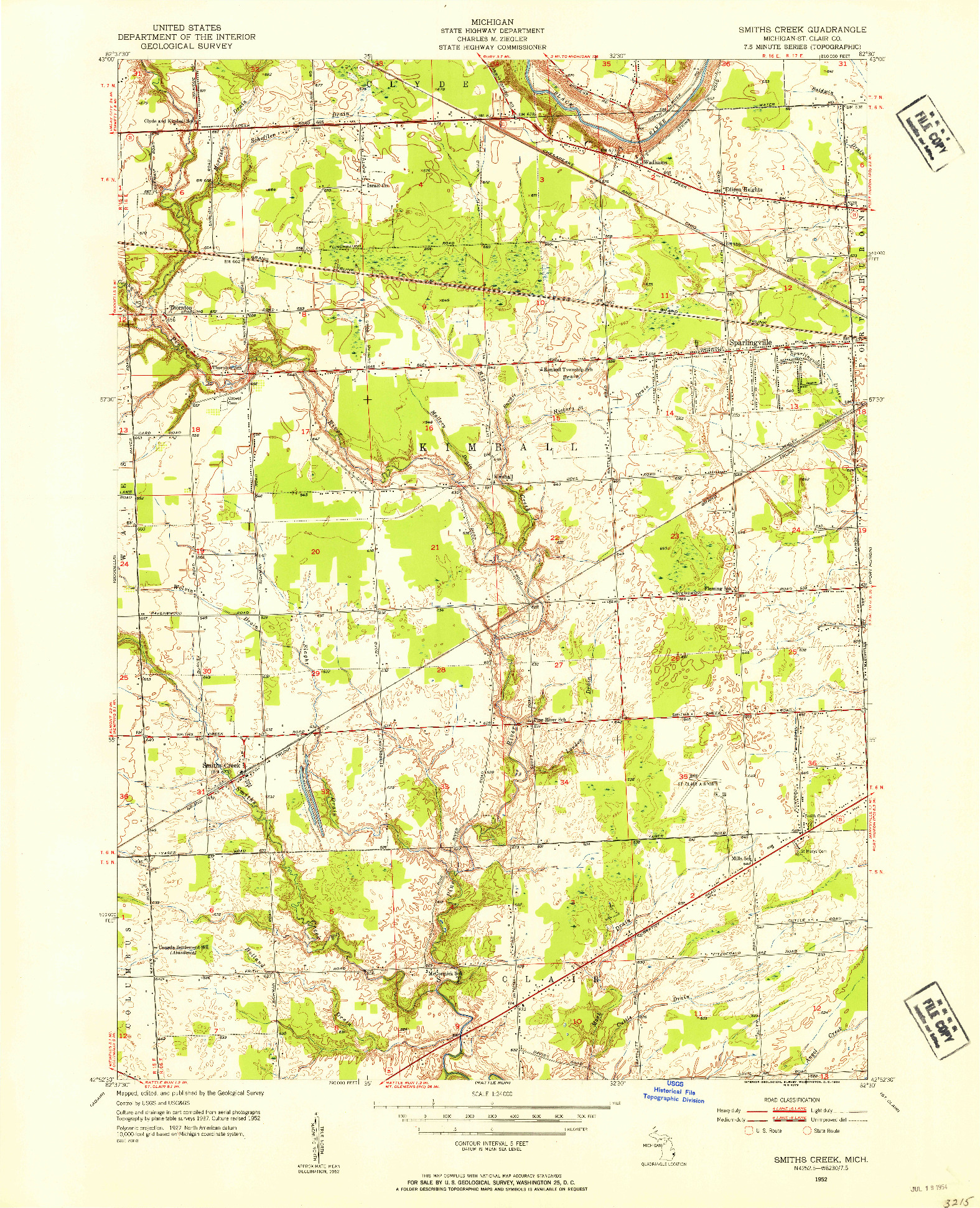 USGS 1:24000-SCALE QUADRANGLE FOR SMITHS CREEK, MI 1952