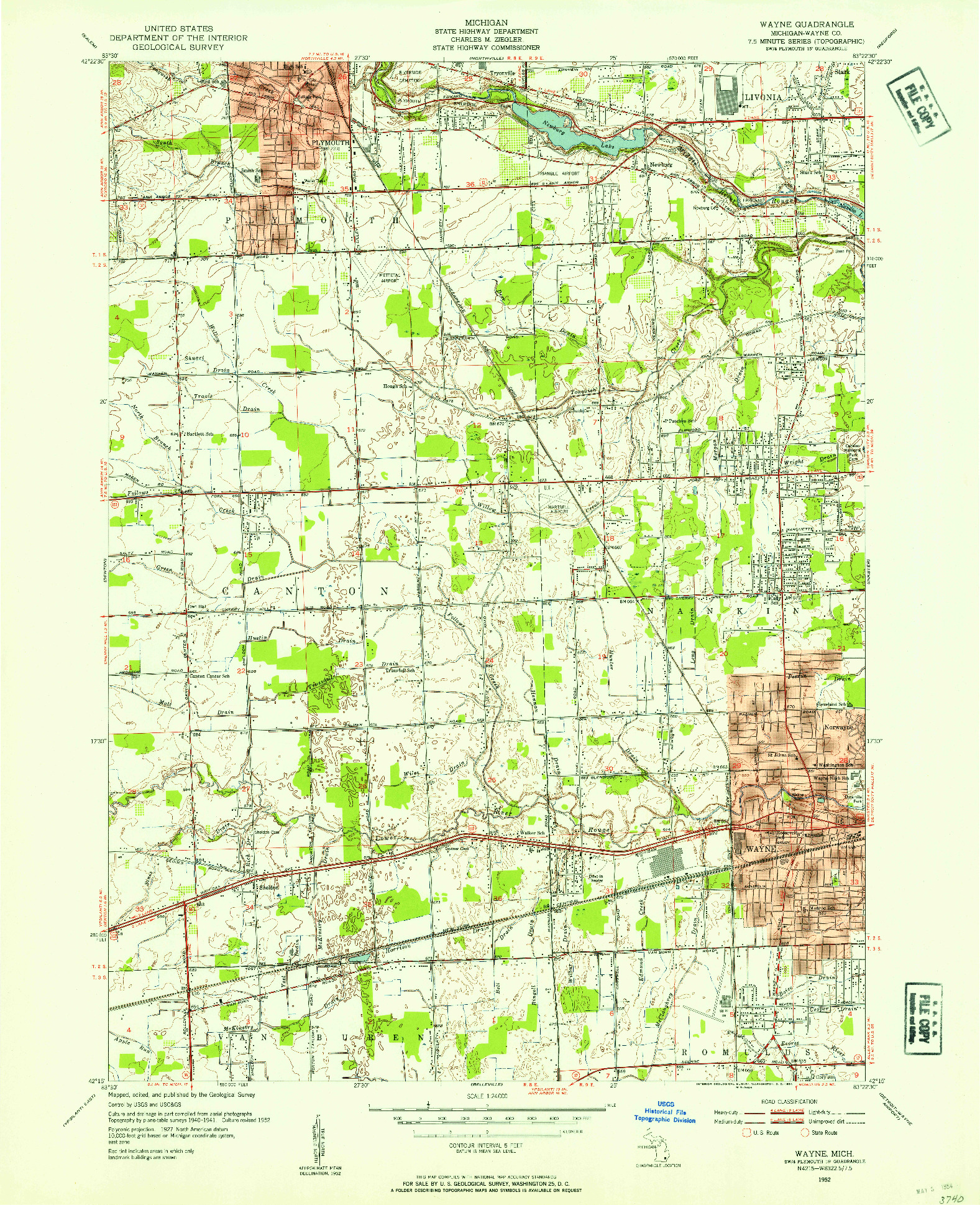 USGS 1:24000-SCALE QUADRANGLE FOR WAYNE, MI 1952