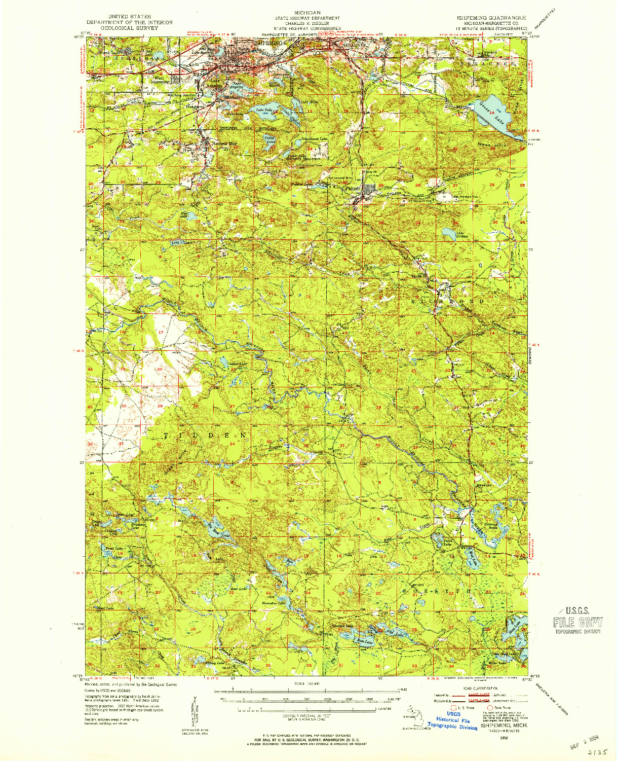 USGS 1:62500-SCALE QUADRANGLE FOR ISHPEMING, MI 1952