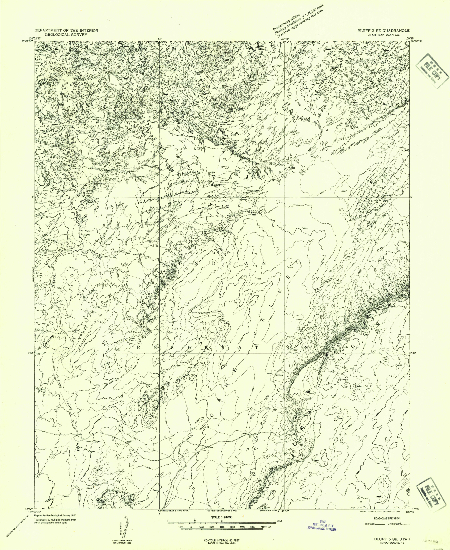 USGS 1:24000-SCALE QUADRANGLE FOR BLUFF 3 SE, UT 1952