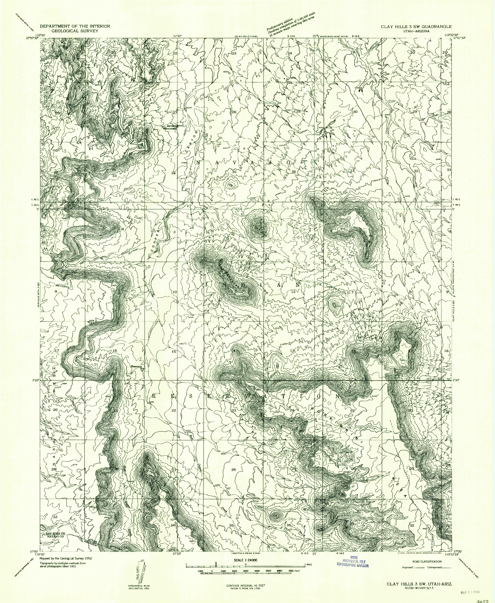 USGS 1:24000-SCALE QUADRANGLE FOR CLAY HILLS 3 SW, UT 1952