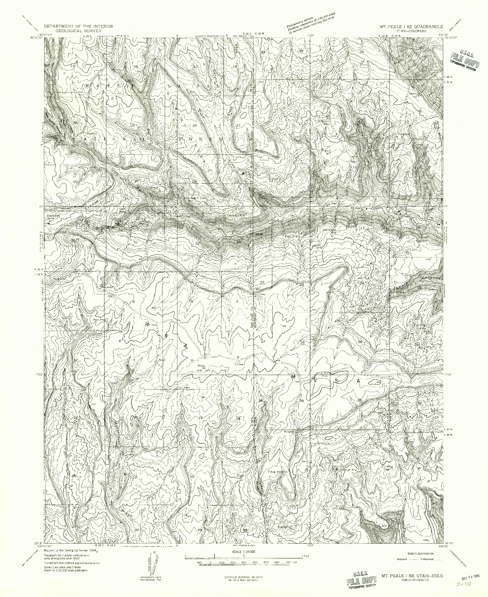 USGS 1:24000-SCALE QUADRANGLE FOR MT PEALE 1 SE, UT 1954