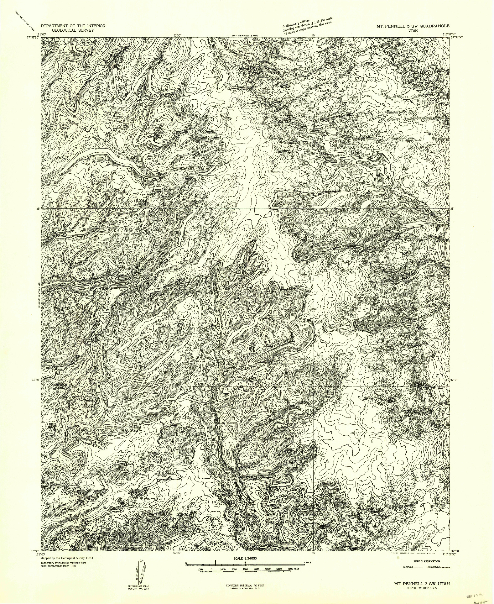 USGS 1:24000-SCALE QUADRANGLE FOR MT PENNELL 3 SW, UT 1953