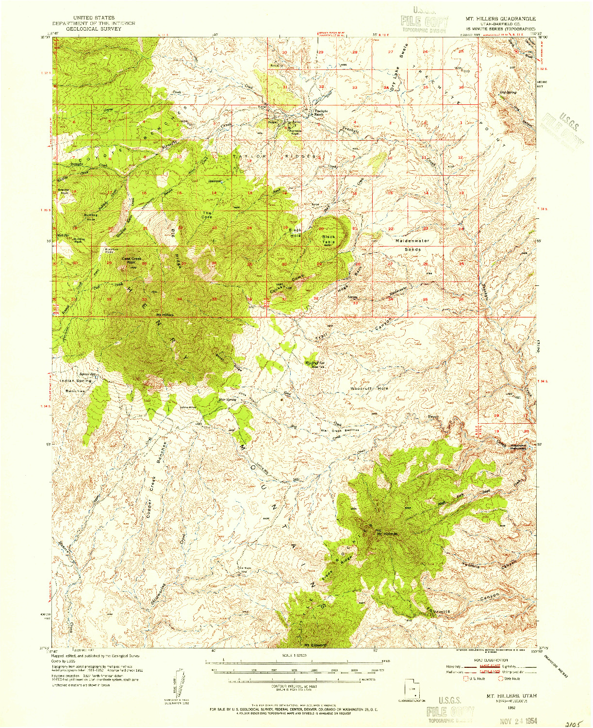 USGS 1:62500-SCALE QUADRANGLE FOR MT HILLERS, UT 1952