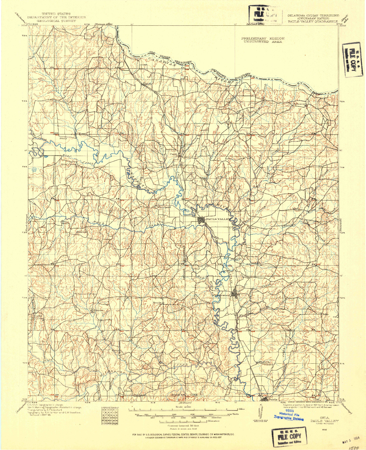 USGS 1:125000-SCALE QUADRANGLE FOR PAULS VALLEY, OK 1898