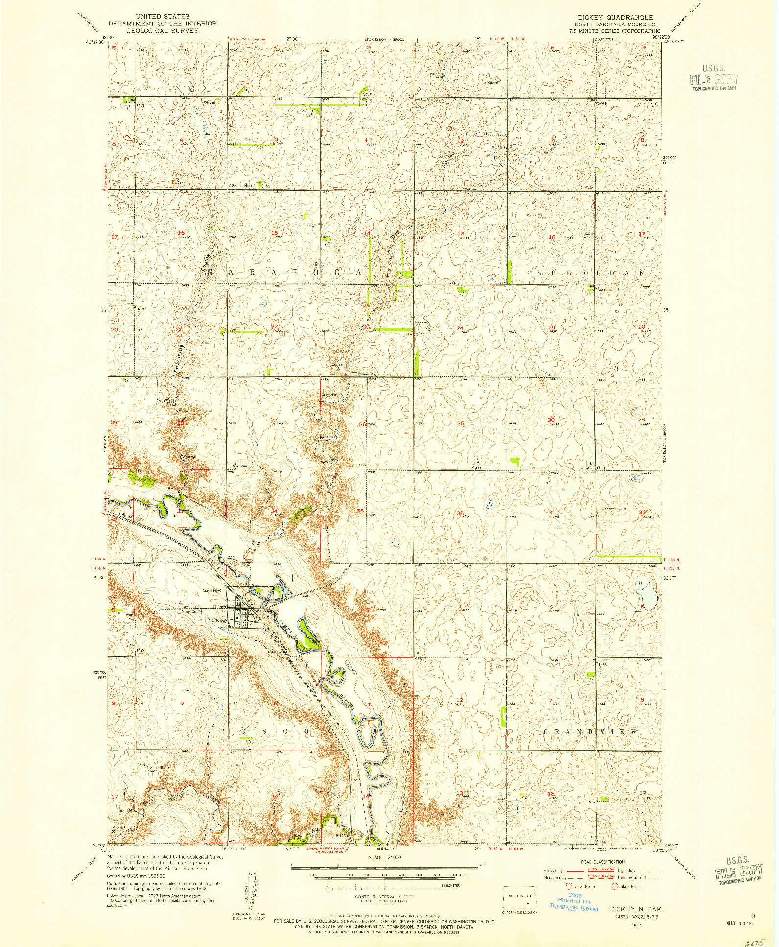 USGS 1:24000-SCALE QUADRANGLE FOR DICKEY, ND 1952