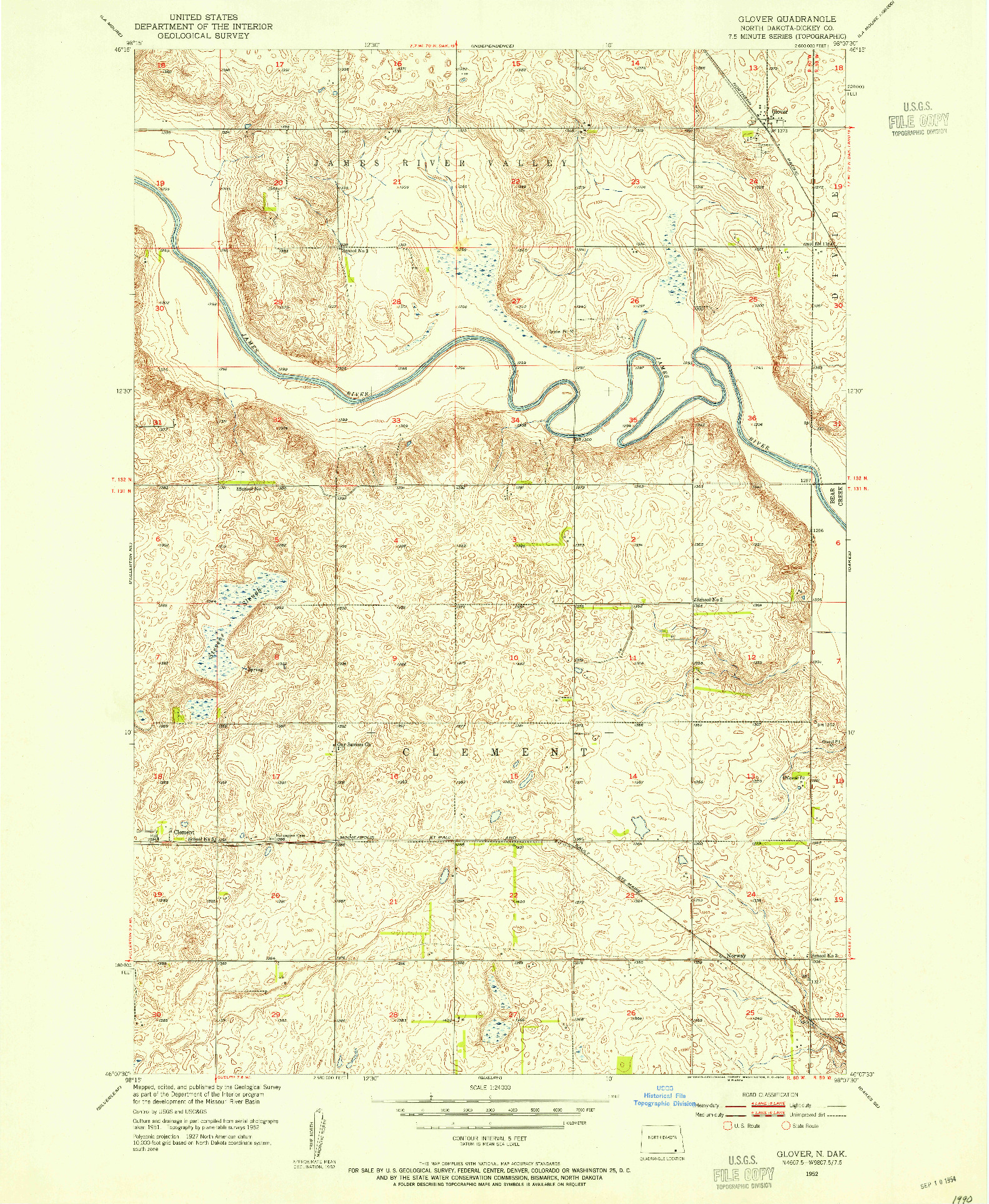 USGS 1:24000-SCALE QUADRANGLE FOR GLOVER, ND 1952