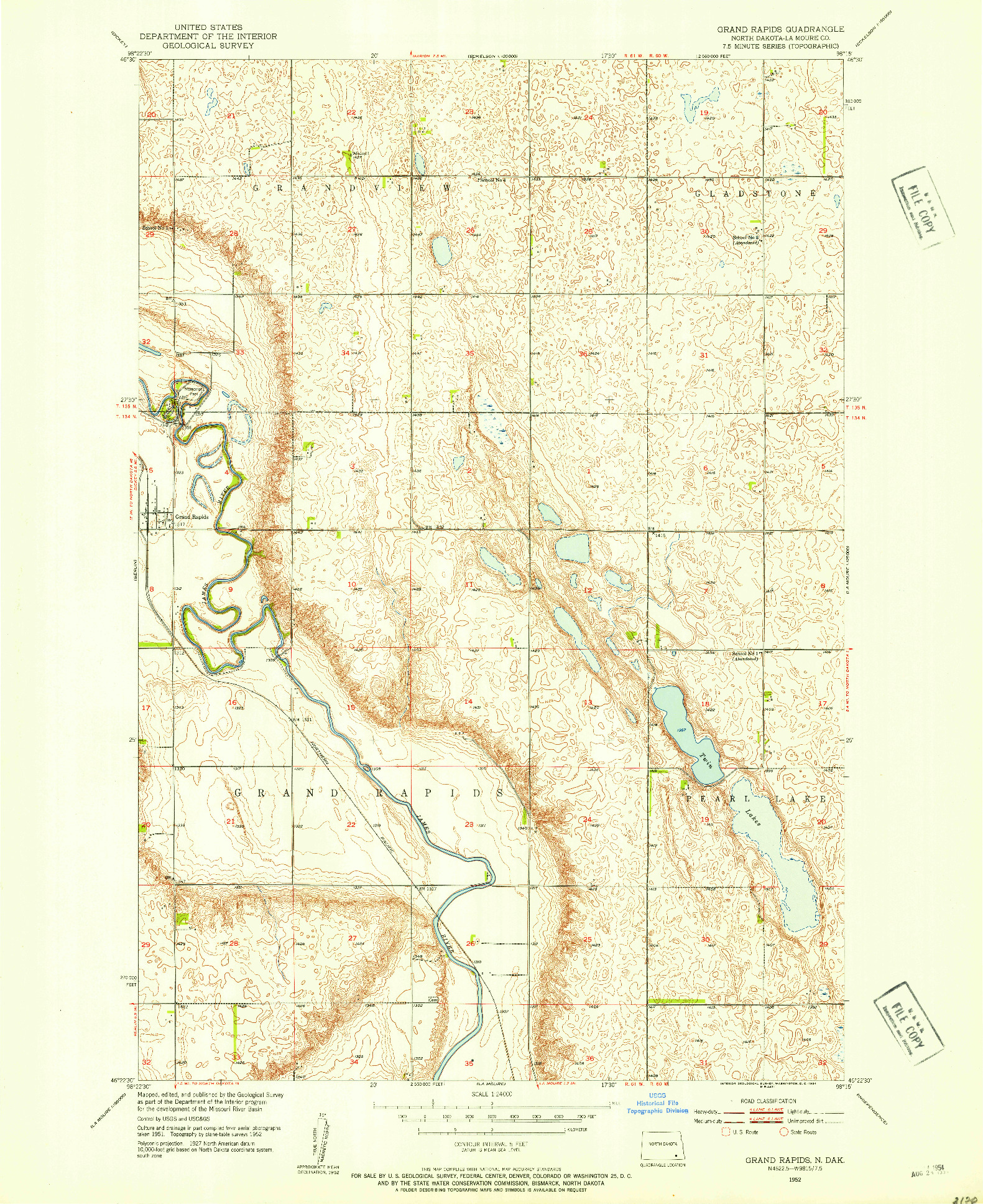 USGS 1:24000-SCALE QUADRANGLE FOR GRAND RAPIDS, ND 1952