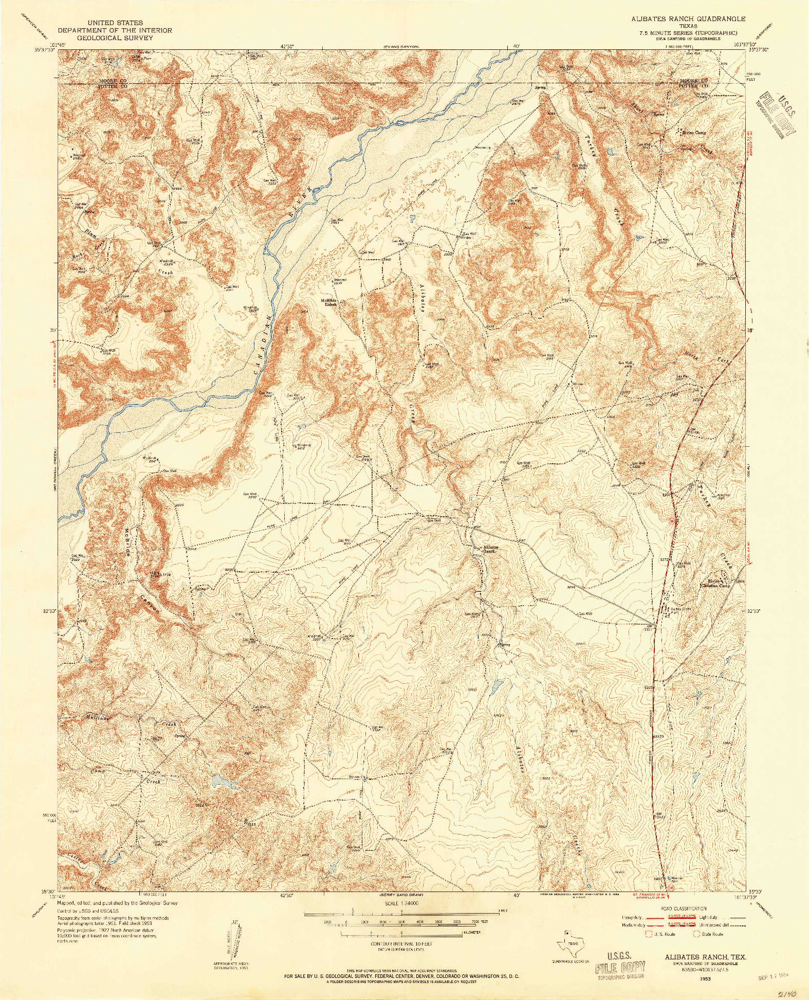USGS 1:24000-SCALE QUADRANGLE FOR ALIBATES RANCH, TX 1953