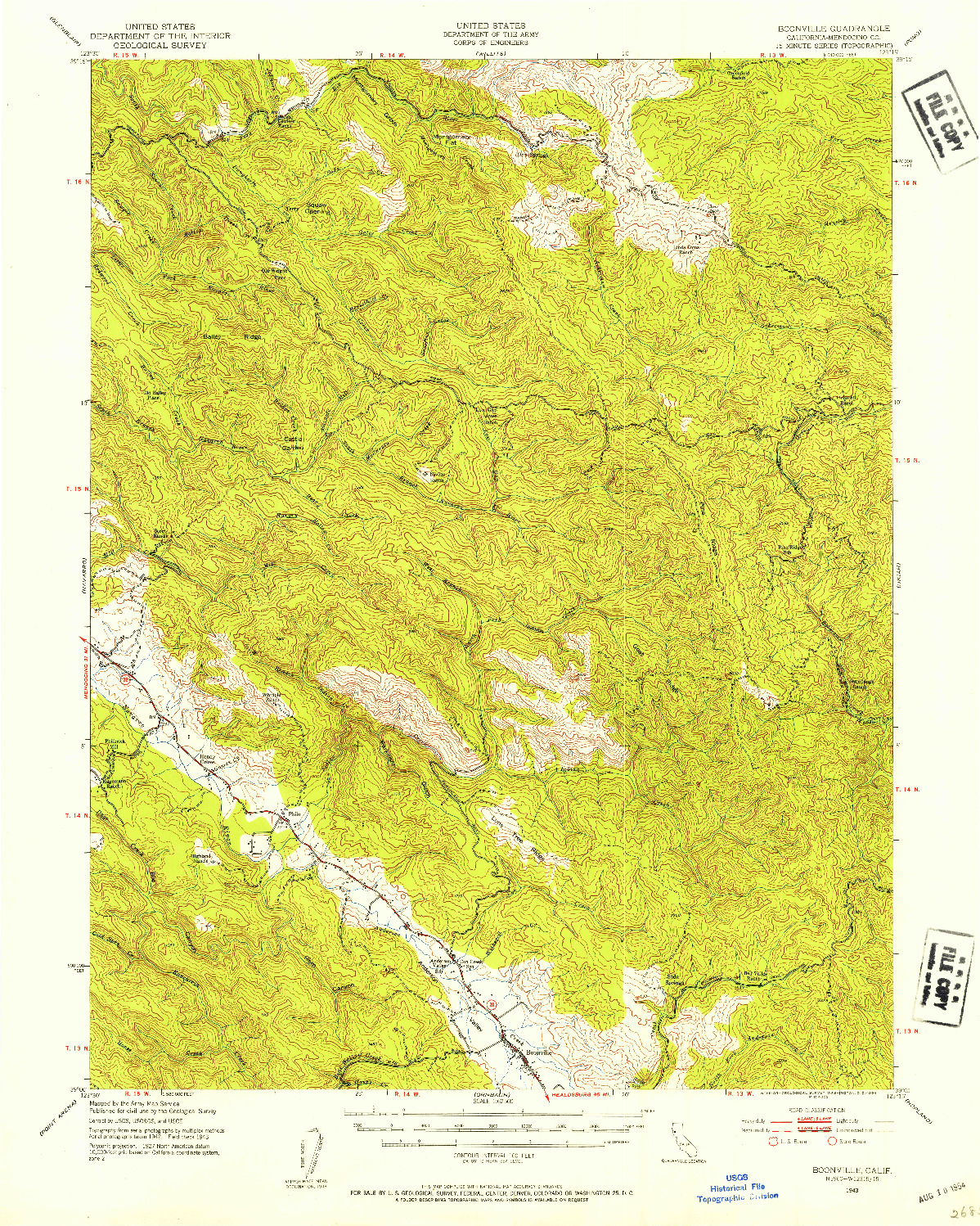 USGS 1:62500-SCALE QUADRANGLE FOR BOONVILLE, CA 1943