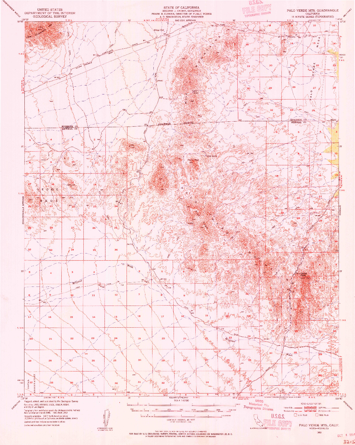 USGS 1:62500-SCALE QUADRANGLE FOR PALO VERDE MOUNTAINS, CA 1953