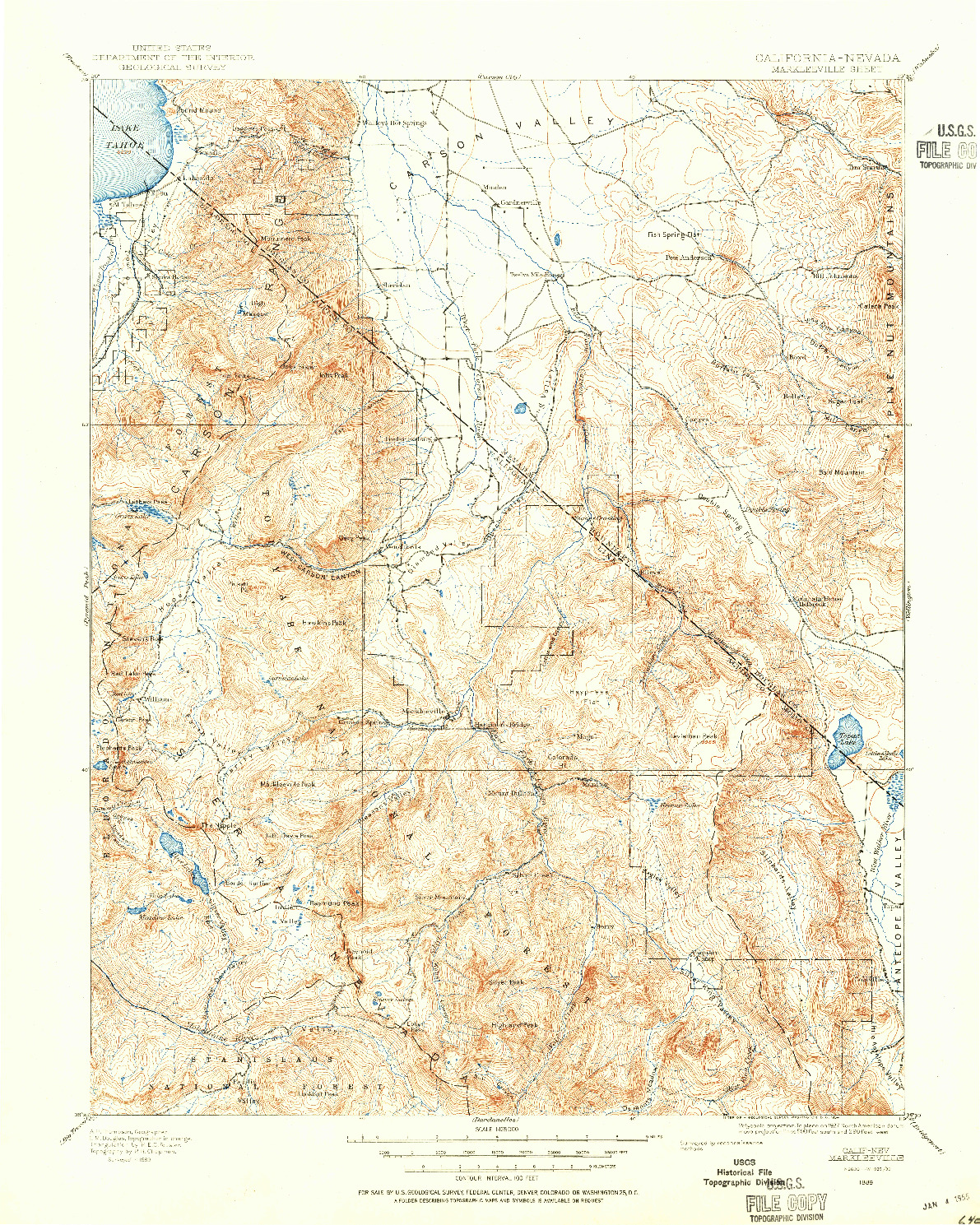 USGS 1:125000-SCALE QUADRANGLE FOR MARKLEEVILLE, CA 1889