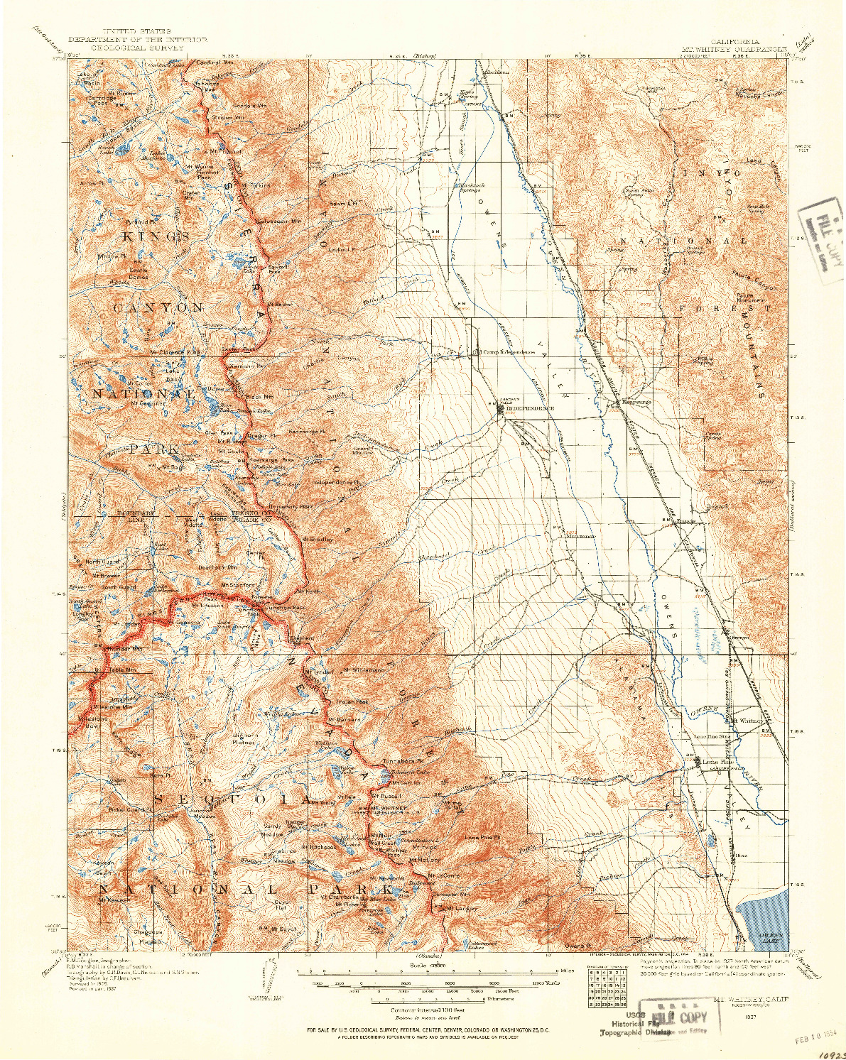 USGS 1:125000-SCALE QUADRANGLE FOR MT. WHITNEY, CA 1937