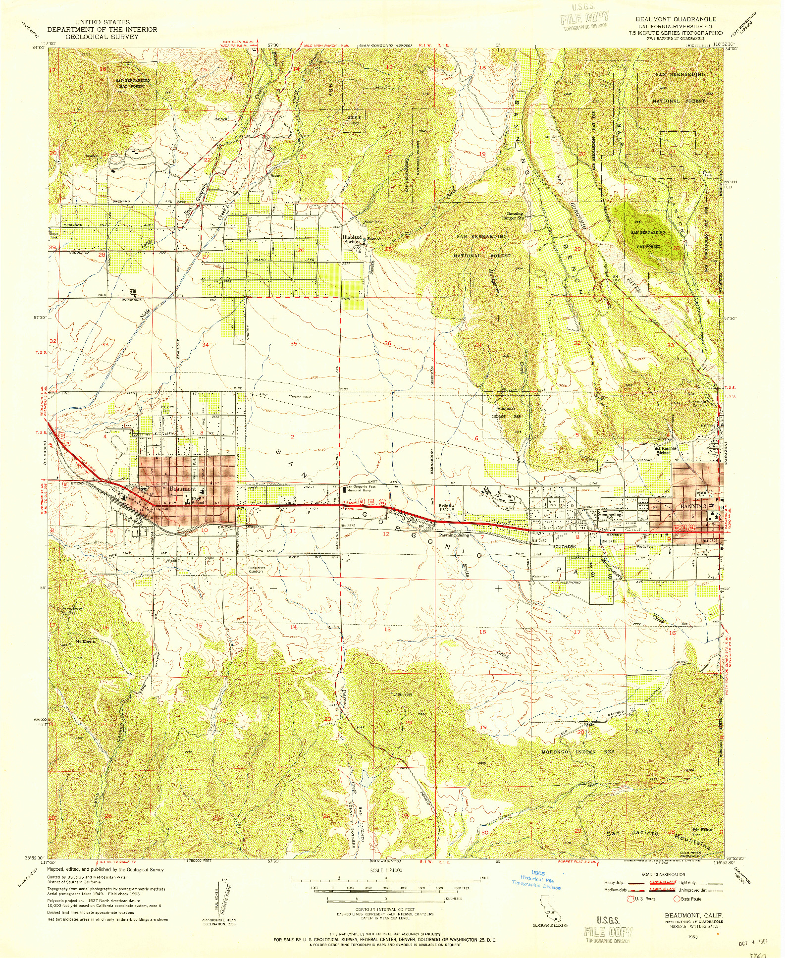 USGS 1:24000-SCALE QUADRANGLE FOR BEAUMONT, CA 1953