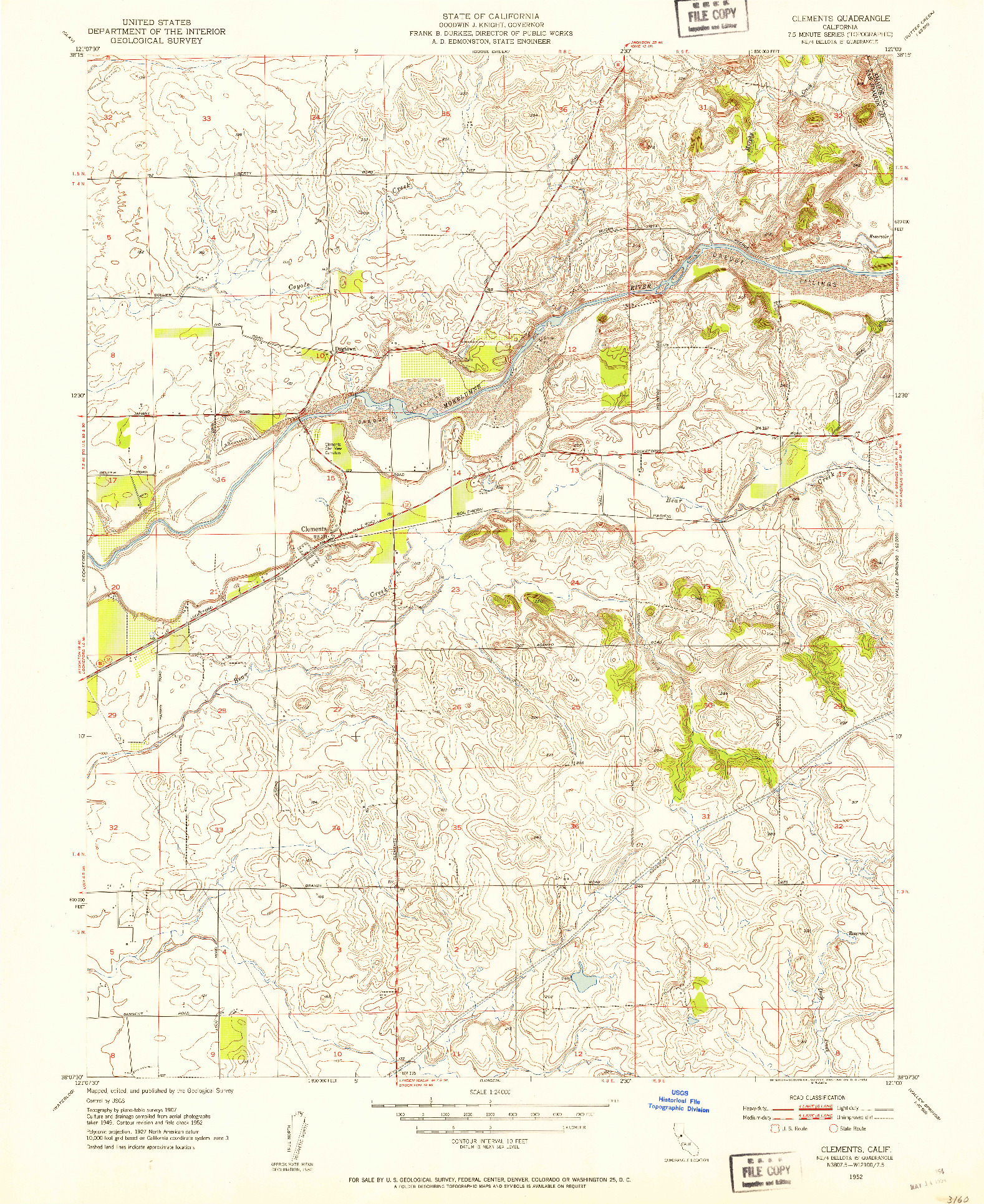 USGS 1:24000-SCALE QUADRANGLE FOR CLEMENTS, CA 1952