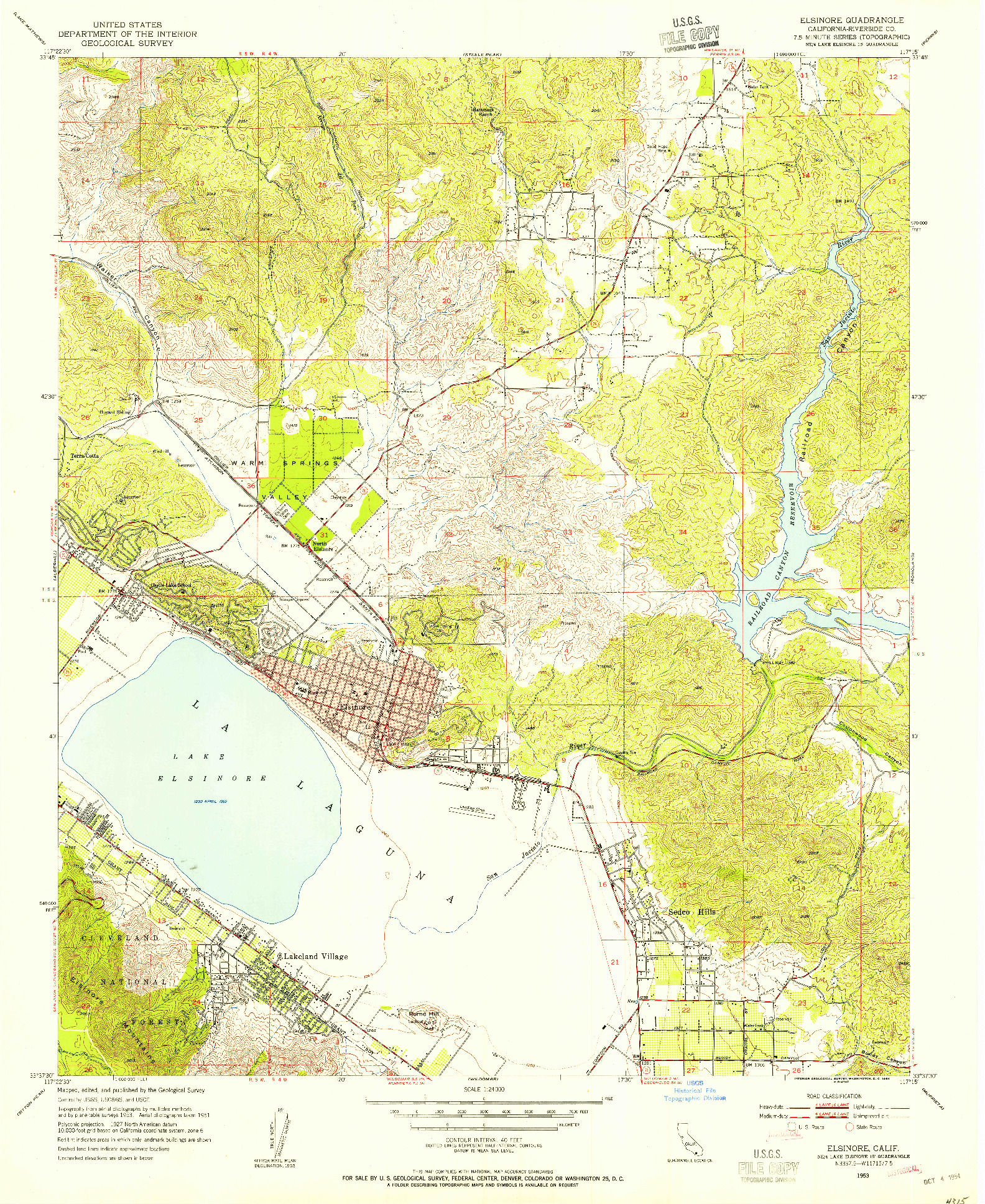 USGS 1:24000-SCALE QUADRANGLE FOR ELSINORE, CA 1953