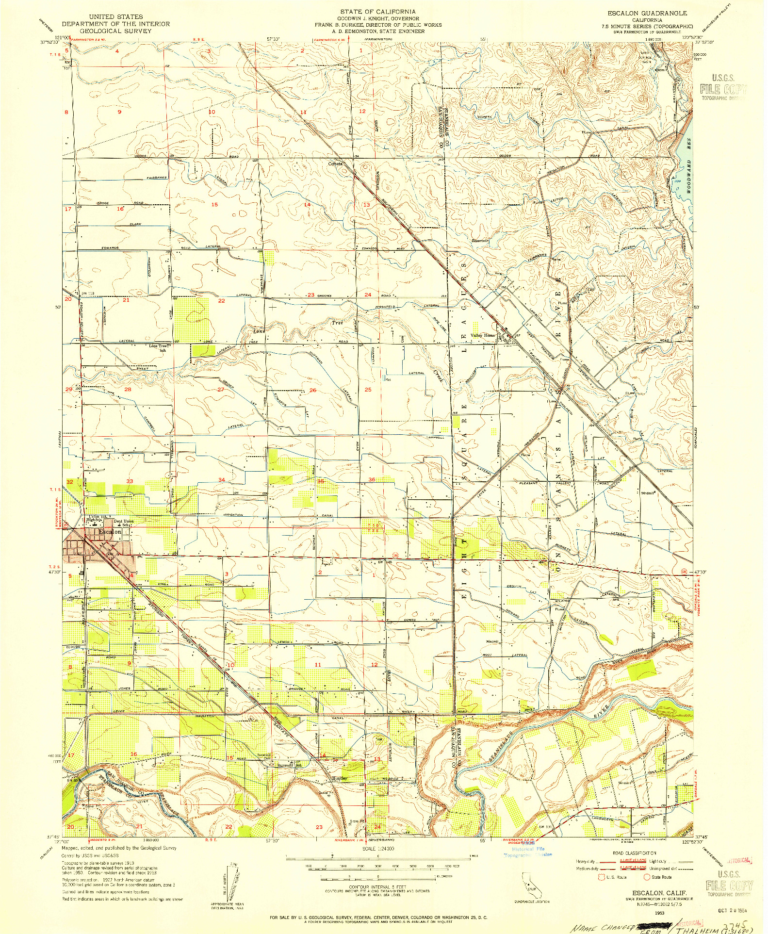 USGS 1:24000-SCALE QUADRANGLE FOR ESCALON, CA 1953