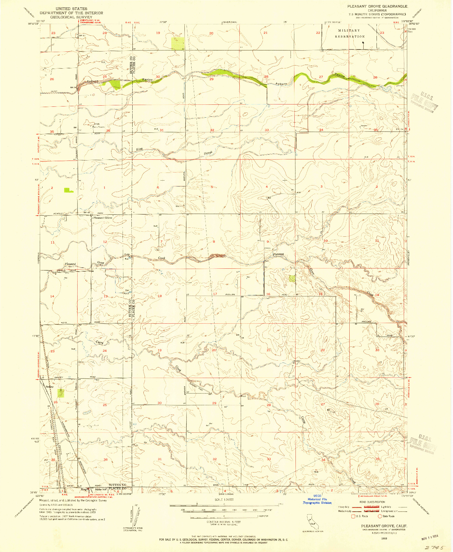 USGS 1:24000-SCALE QUADRANGLE FOR PLEASANT GROVE, CA 1953