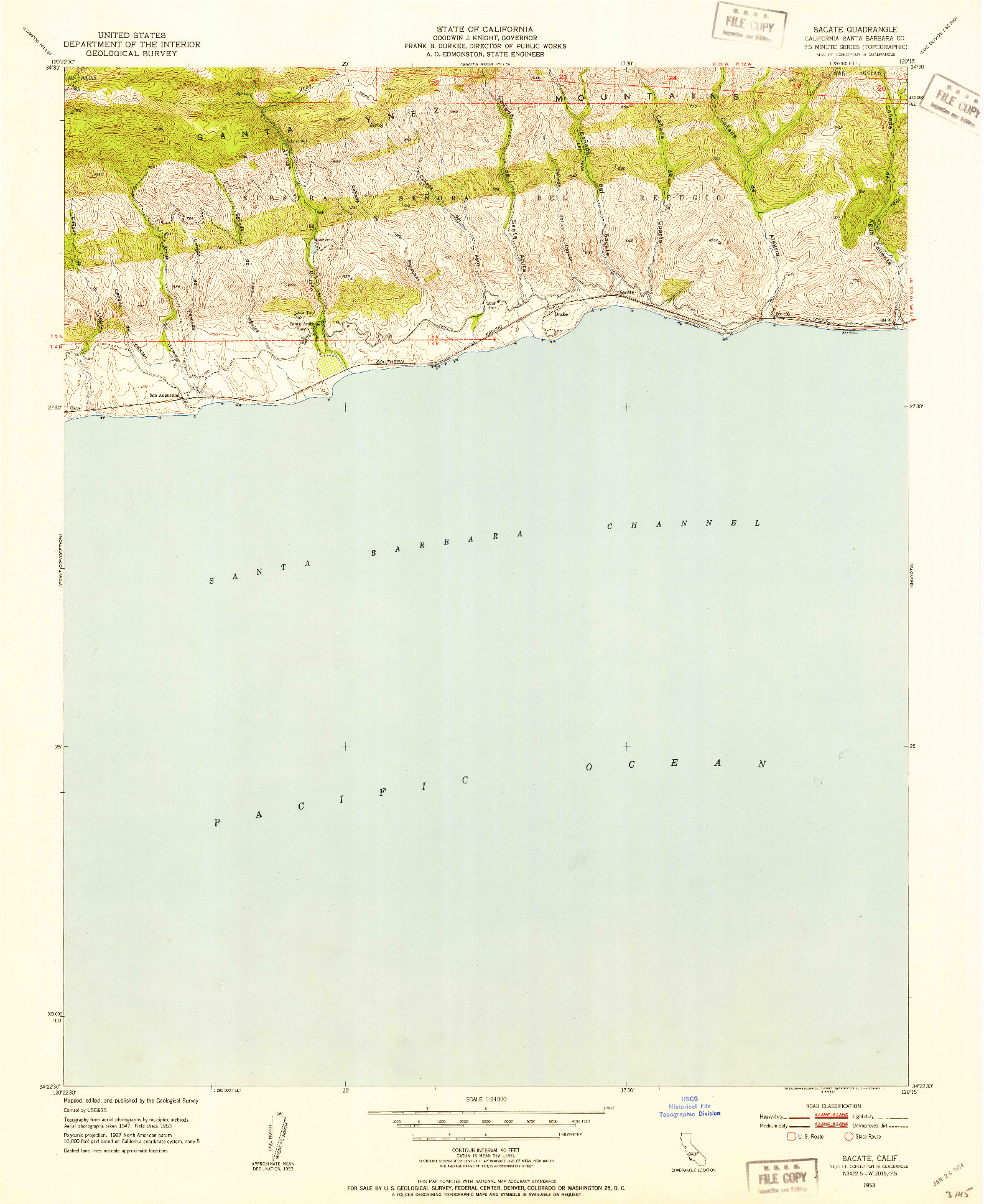 USGS 1:24000-SCALE QUADRANGLE FOR SACATE, CA 1953