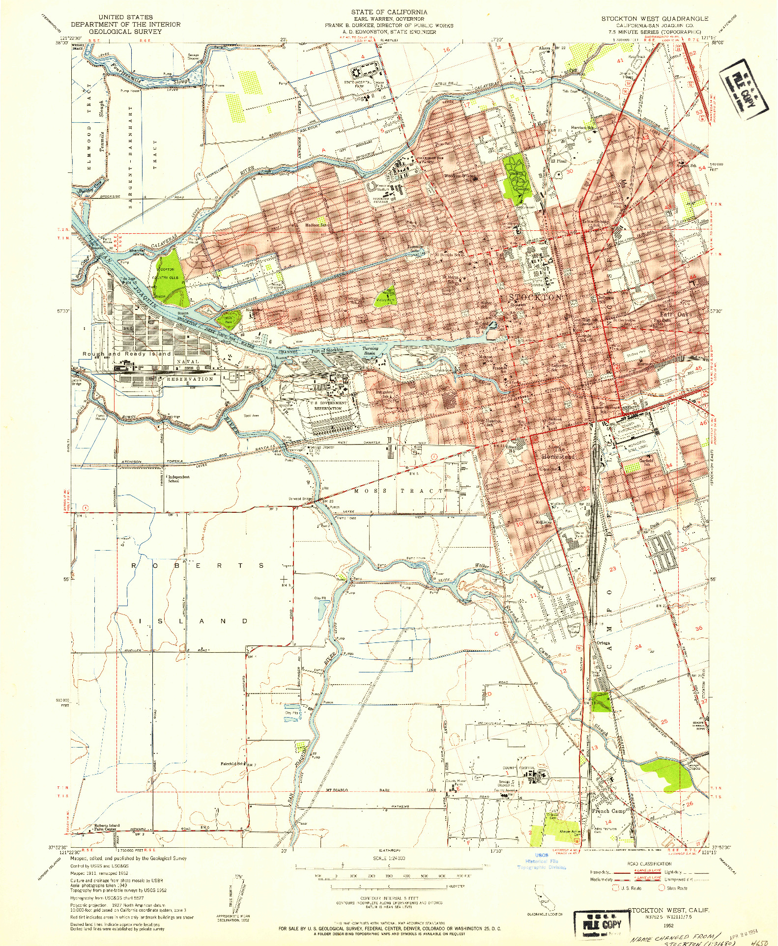 USGS 1:24000-SCALE QUADRANGLE FOR STOCKTON WEST, CA 1952