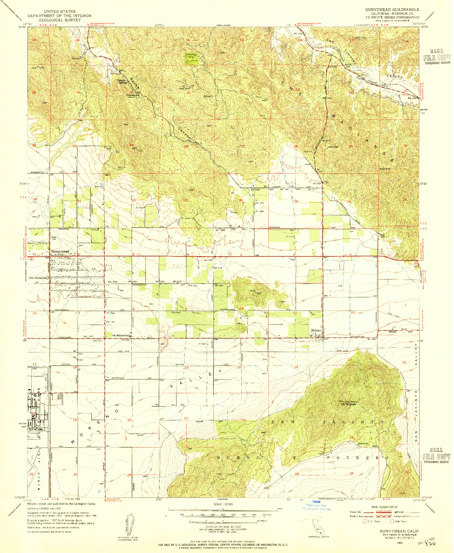 USGS 1:24000-SCALE QUADRANGLE FOR SUNNYMEAD, CA 1953