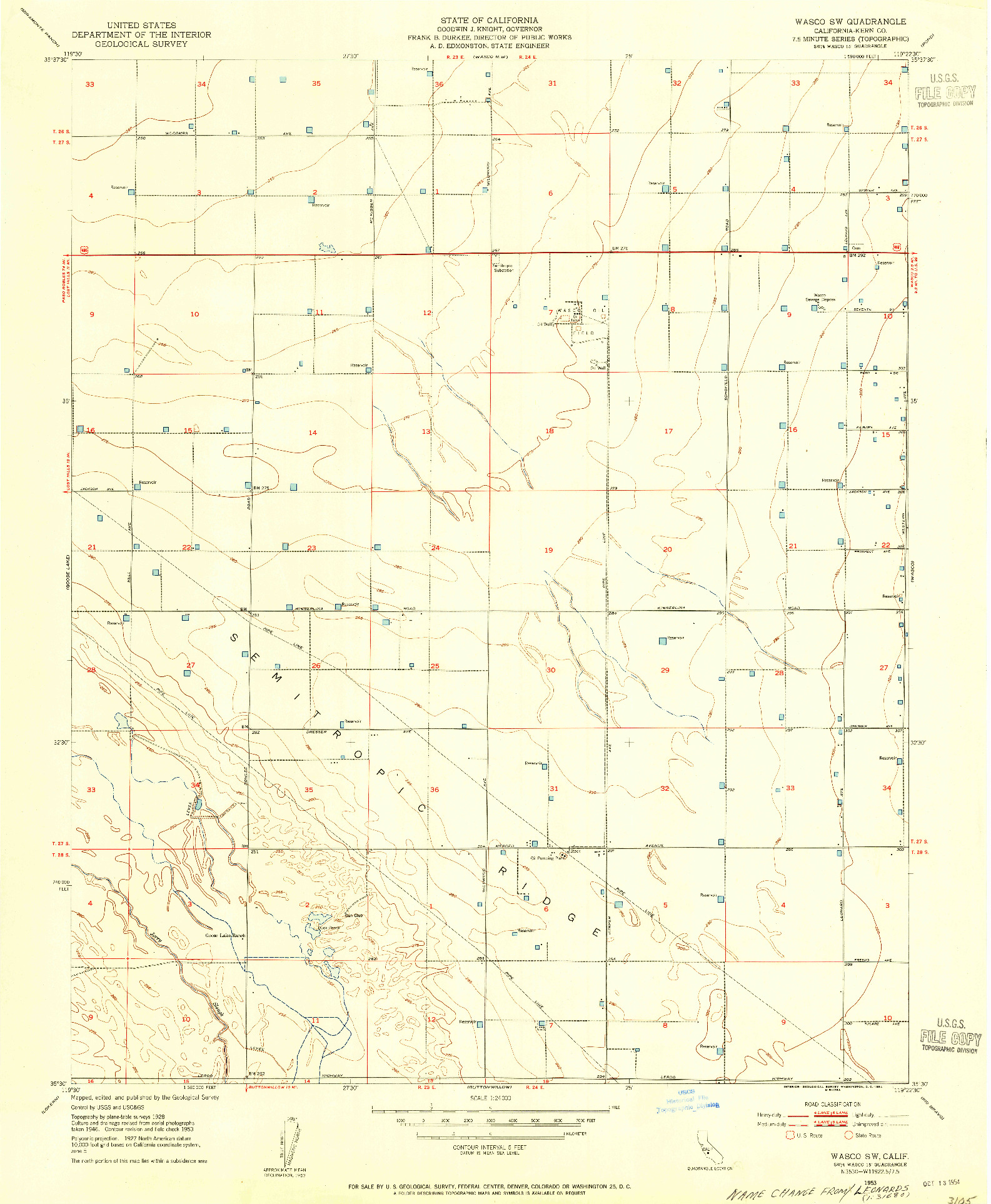 USGS 1:24000-SCALE QUADRANGLE FOR WASCO SW, CA 1953