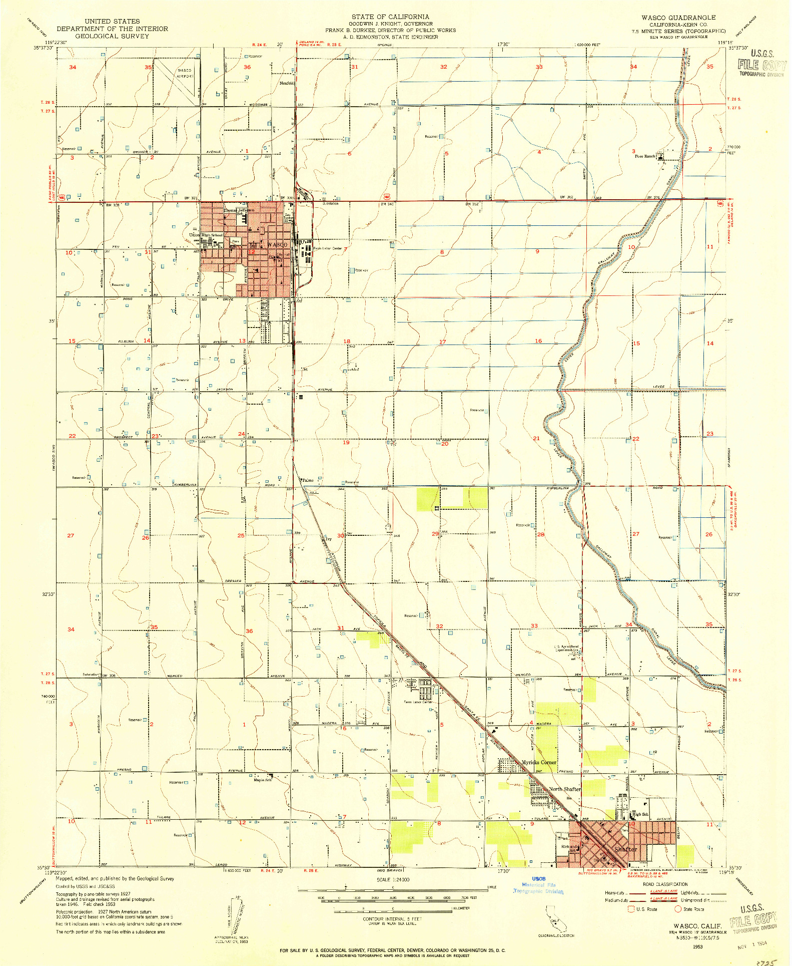 USGS 1:24000-SCALE QUADRANGLE FOR WASCO, CA 1953