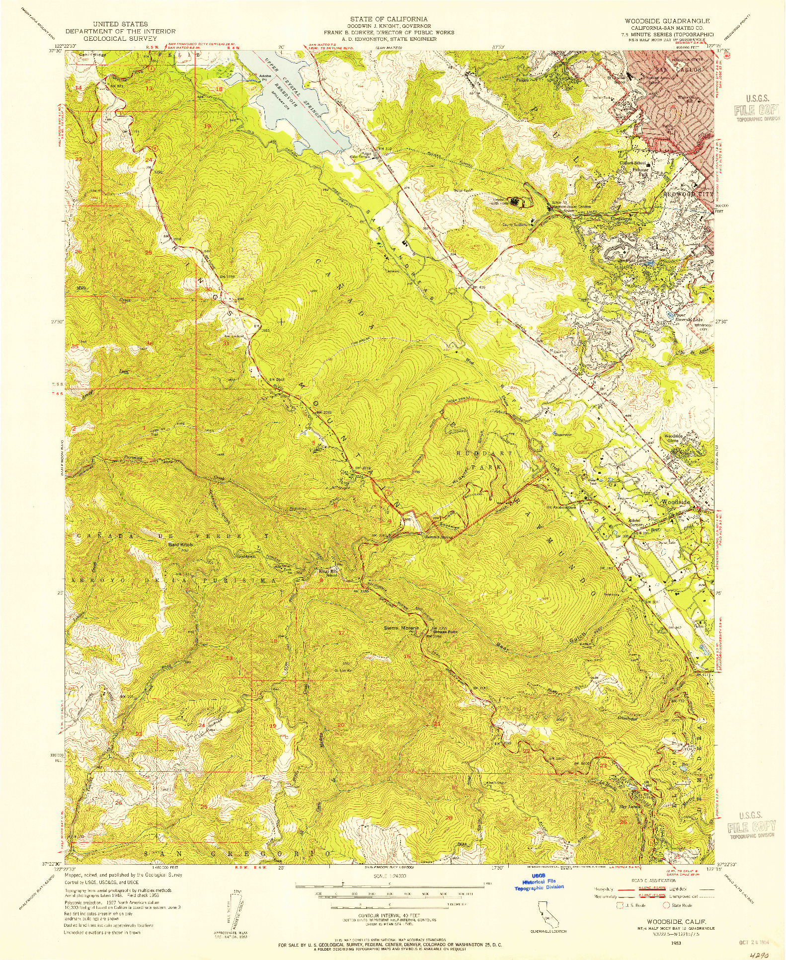 USGS 1:24000-SCALE QUADRANGLE FOR WOODSIDE, CA 1953