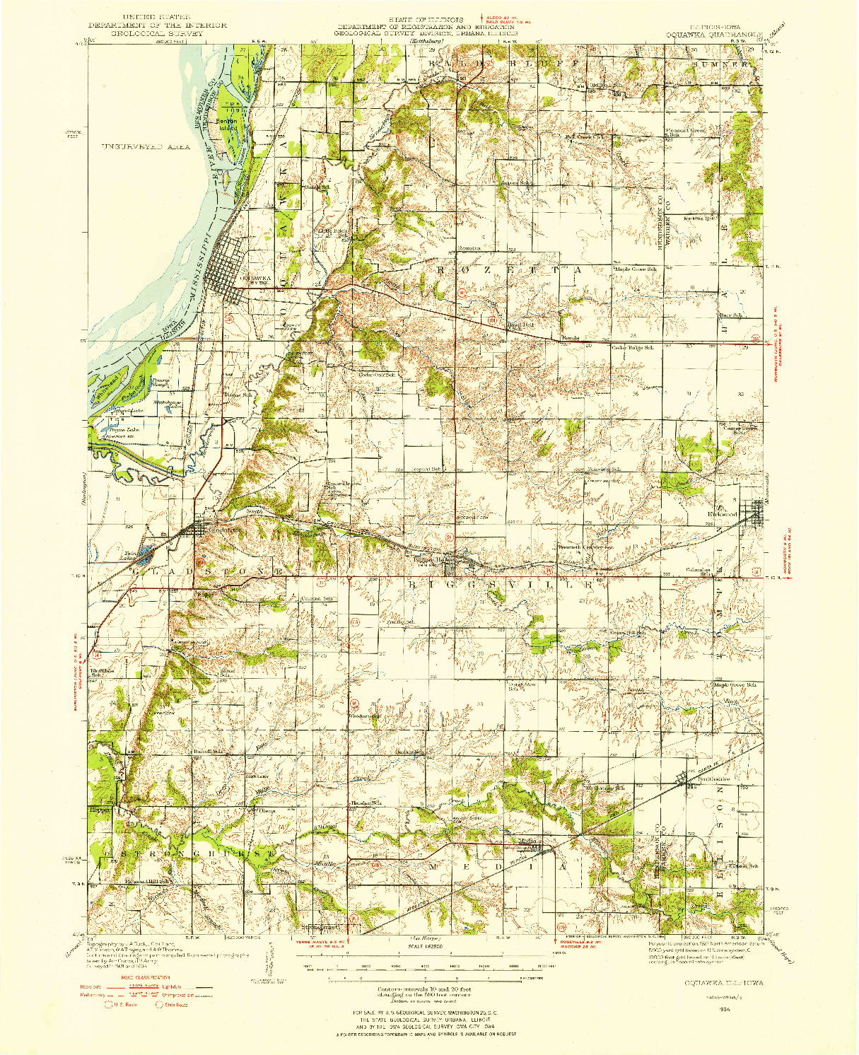 USGS 1:62500-SCALE QUADRANGLE FOR OQUAWKA, IL 1934