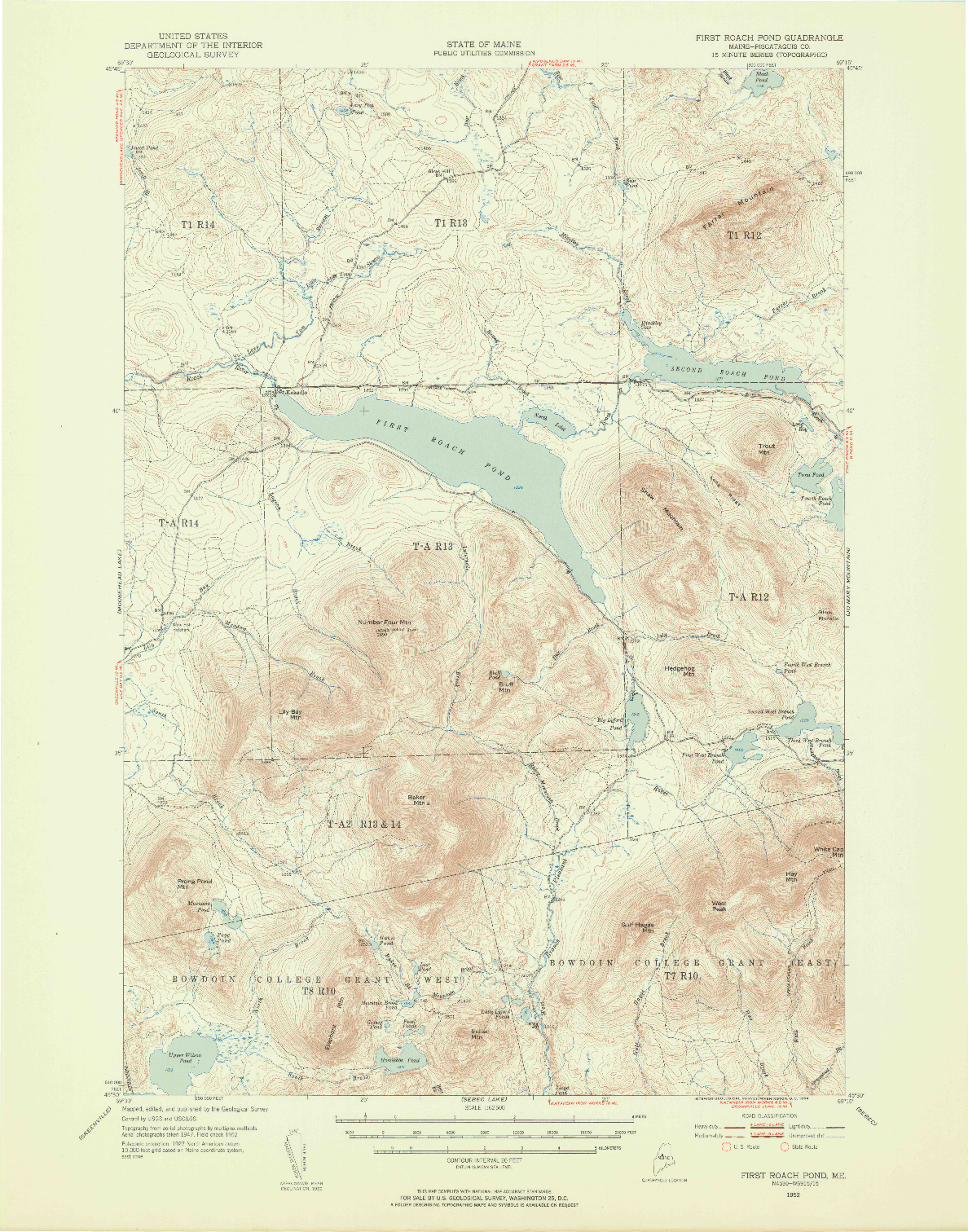 USGS 1:62500-SCALE QUADRANGLE FOR FIRST ROACH POND, ME 1952