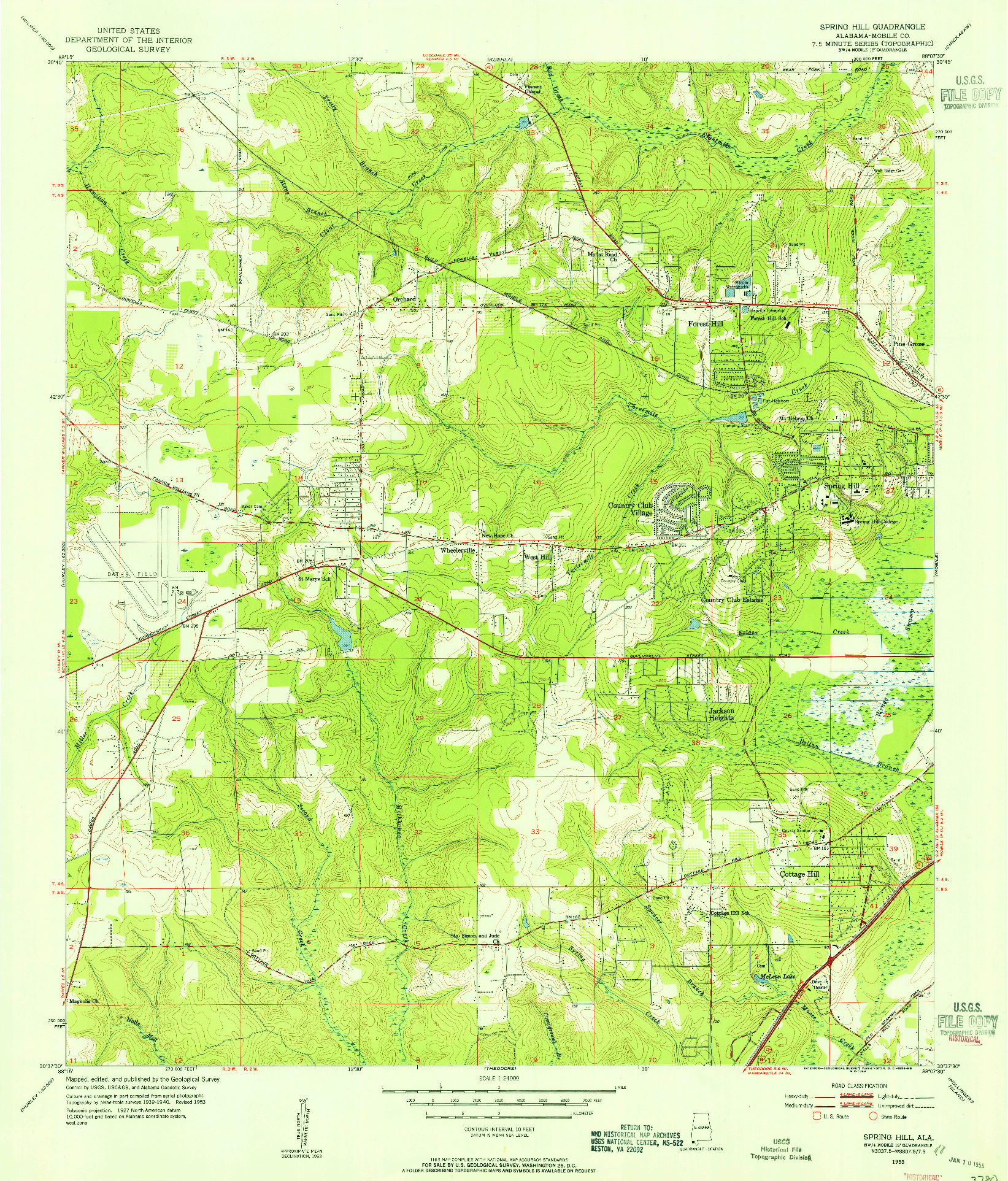 USGS 1:24000-SCALE QUADRANGLE FOR SPRING HILL, AL 1953